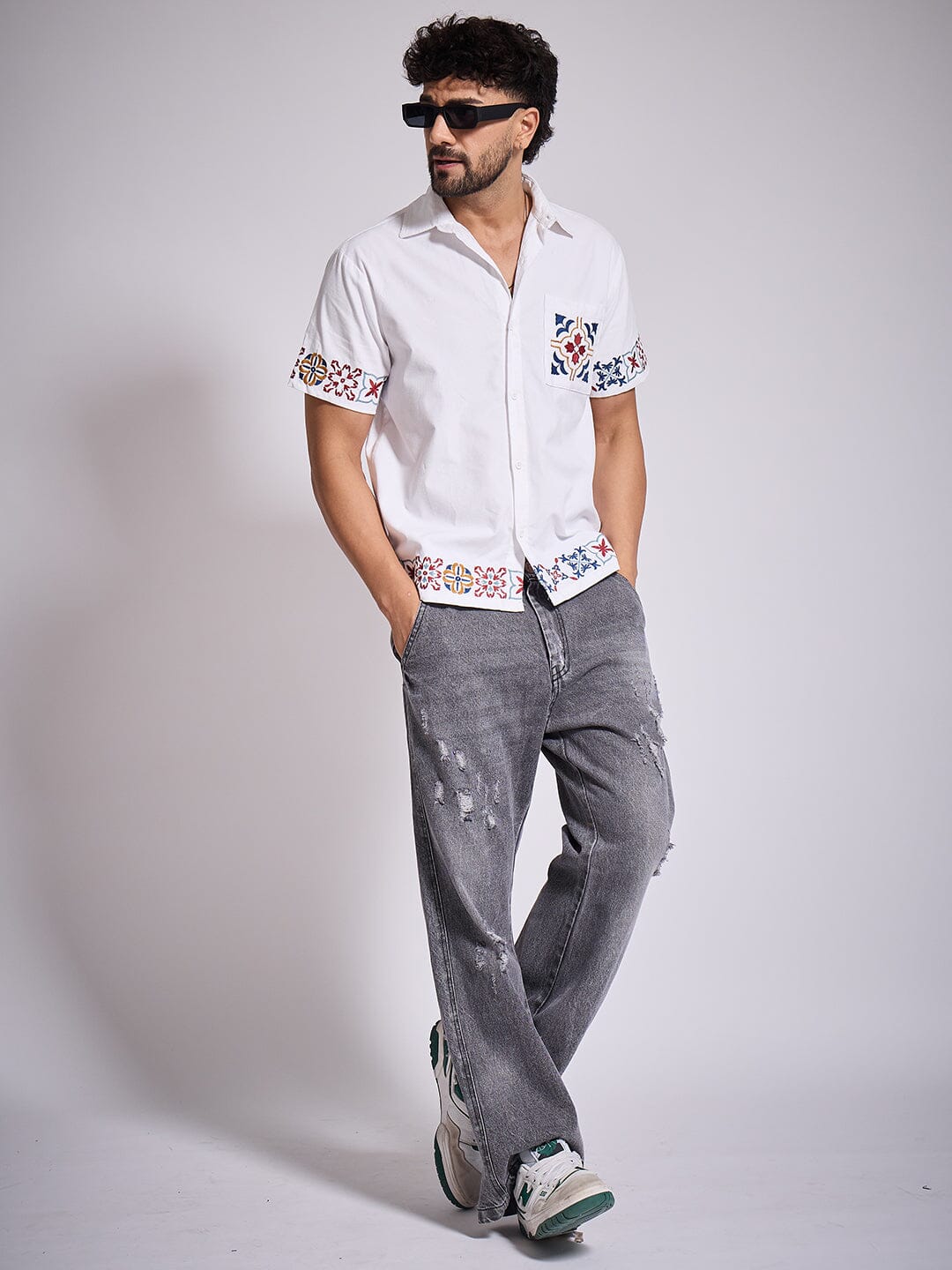 White Patterned Embroidered Corduroy Shirt