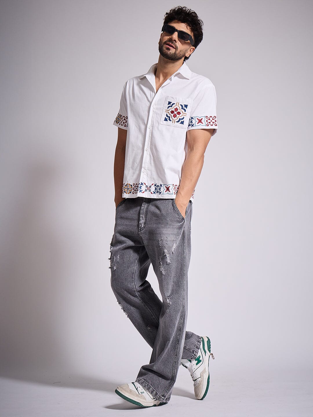 Grey Distressed Flared Denim