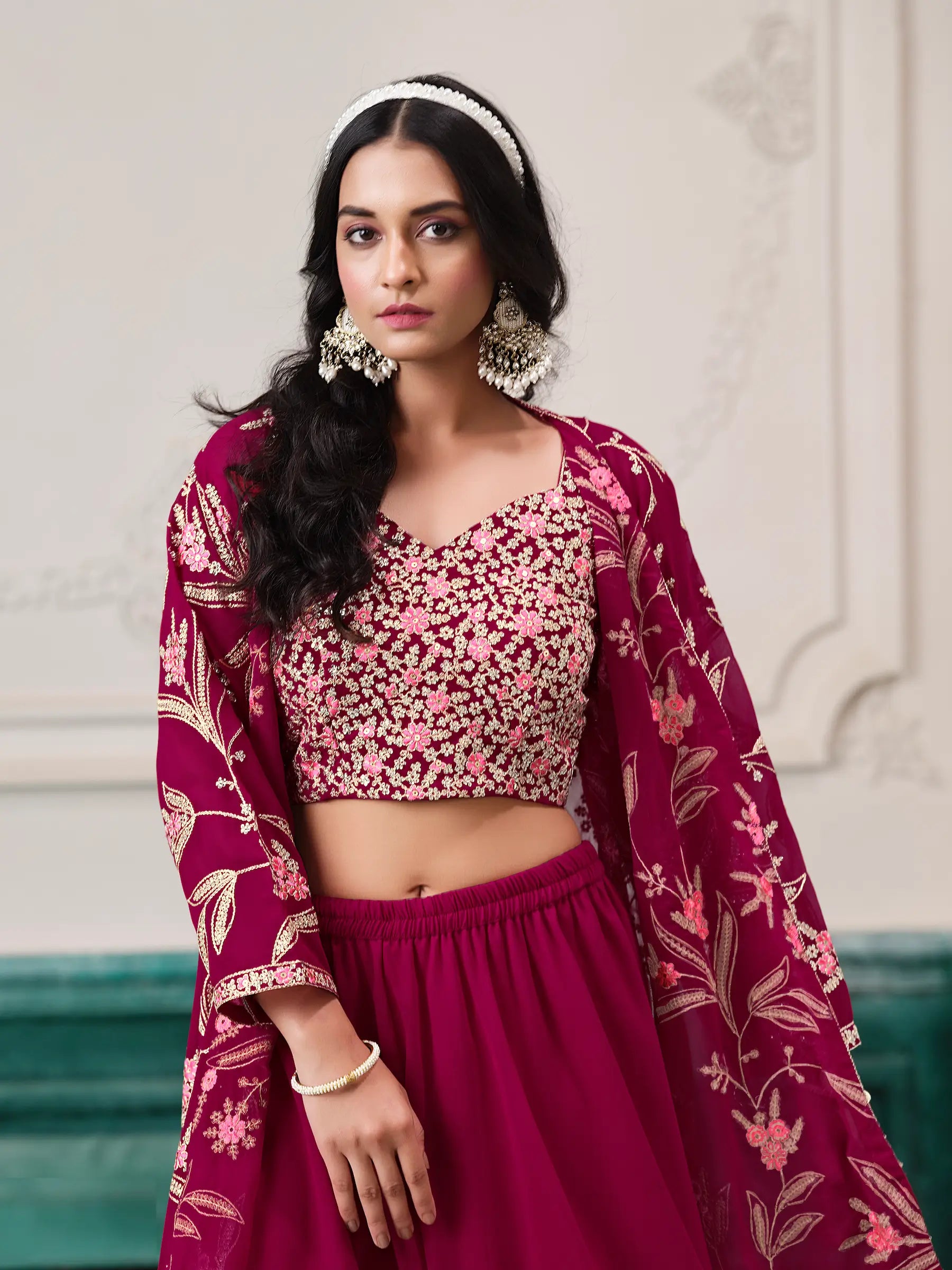 Pink Georgette Indo Western Set With Thread & Sequins Embroidery Work - qivii