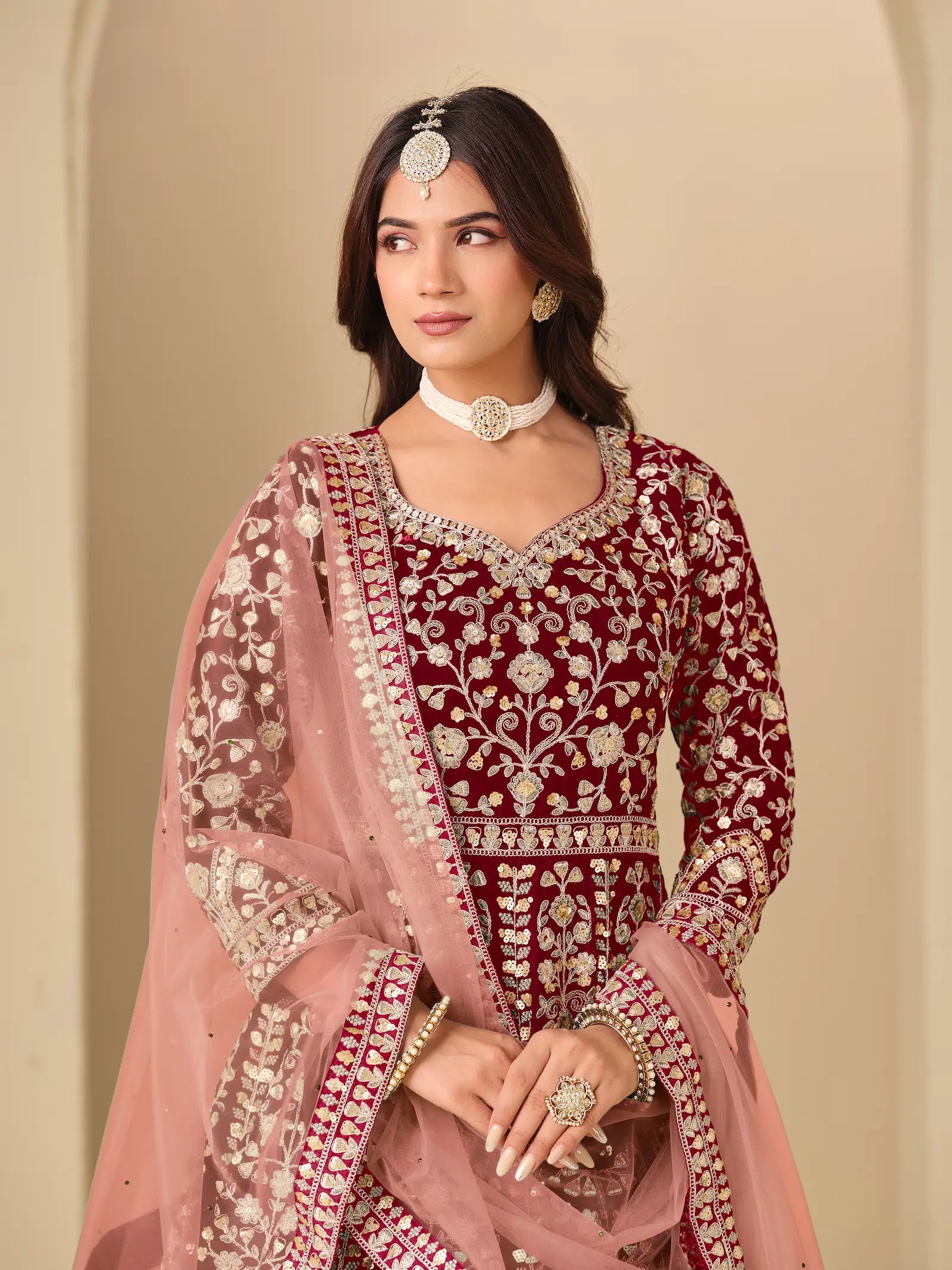 Maroon Velvet Heavy Embroidered Gown