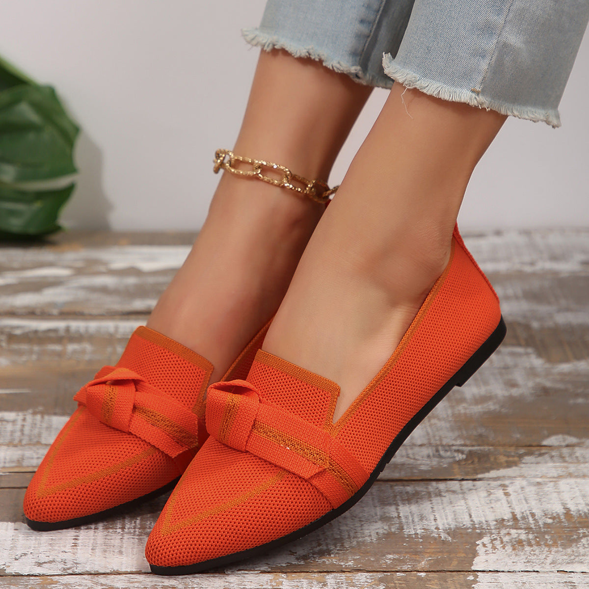 Women's Plus Size Knit Flat Loafers - Slip-On Bowknot Shallow Cut Lazy Work Shoes
