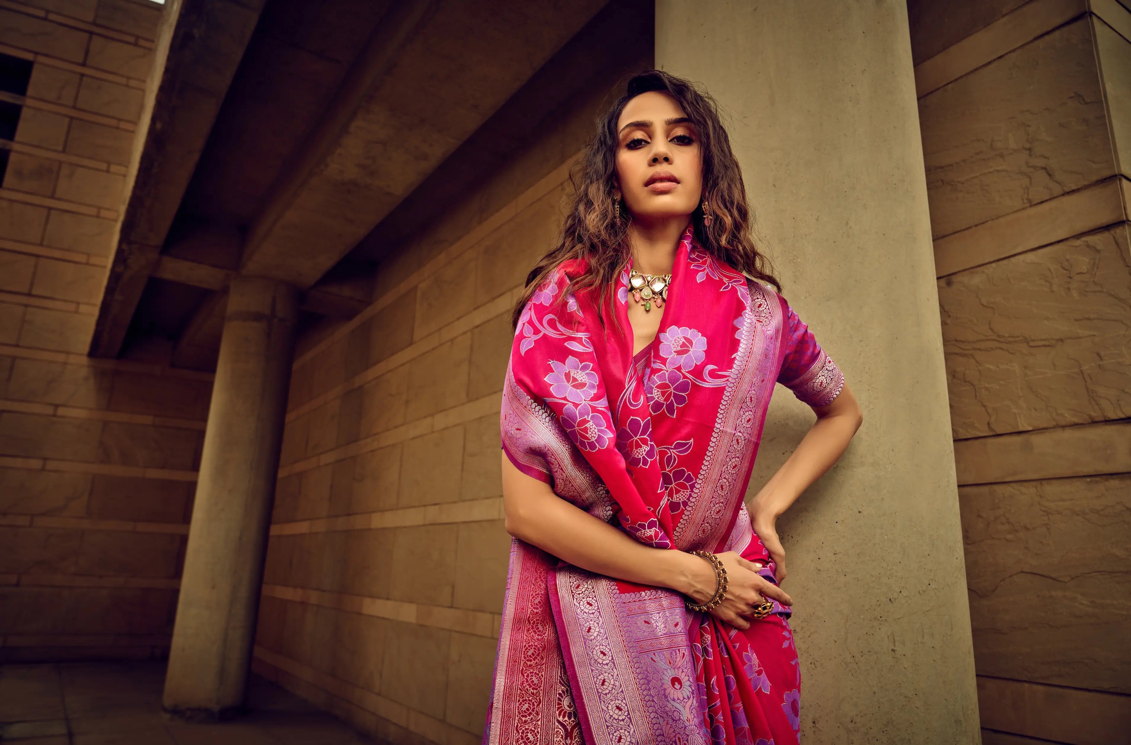 Pink Satin Brasso Handwoven Silk With Flower Weaving Saree - qivii