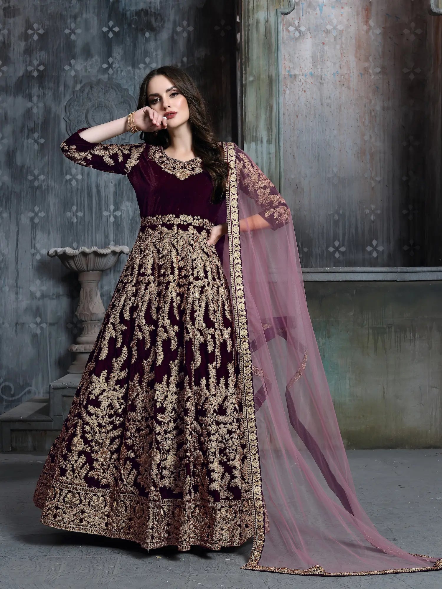 Wine Velvet Thread & Sequence Embroidery Work Gown - qivii