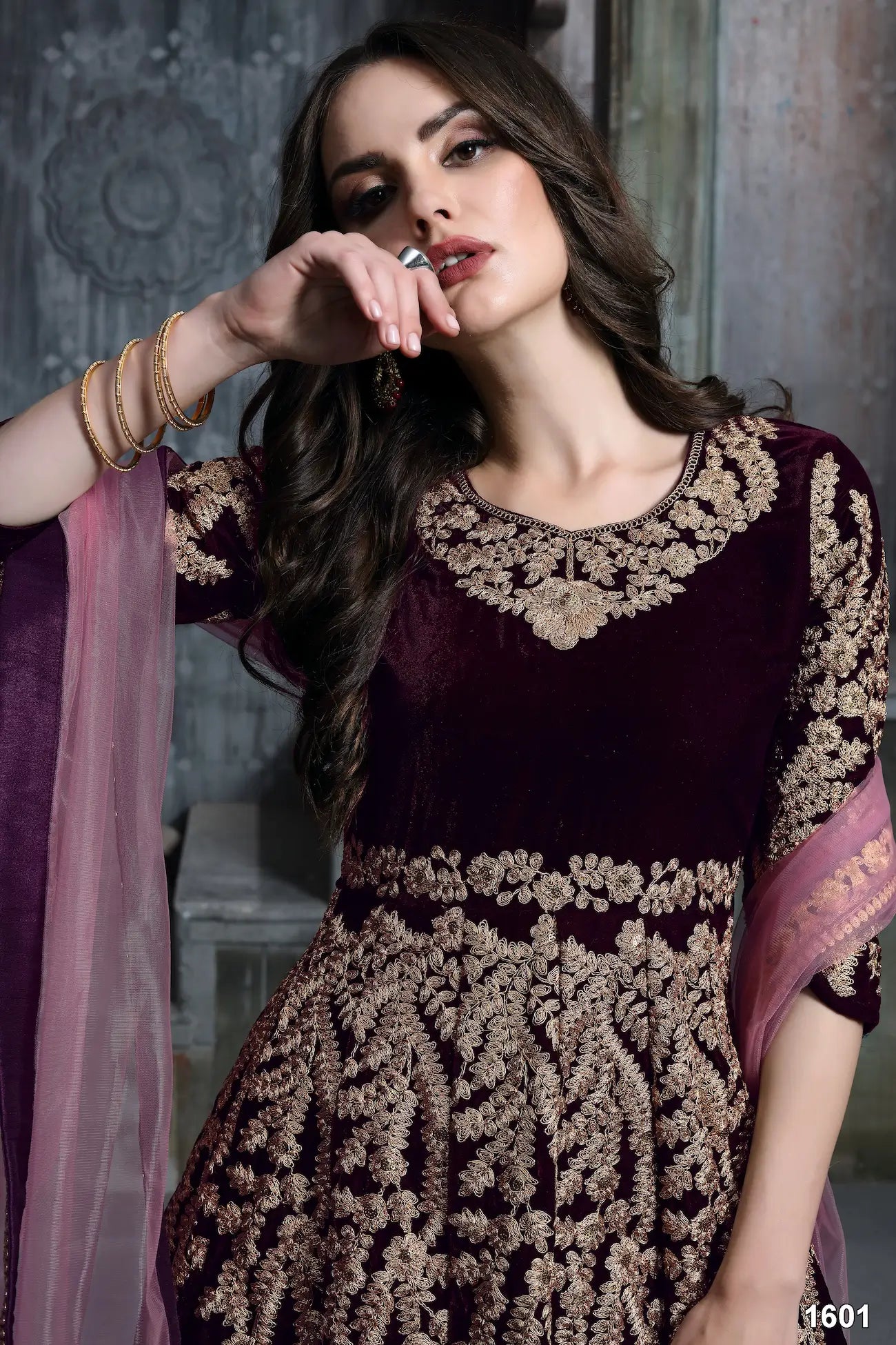 Wine Velvet Thread & Sequence Embroidery Work Gown - qivii