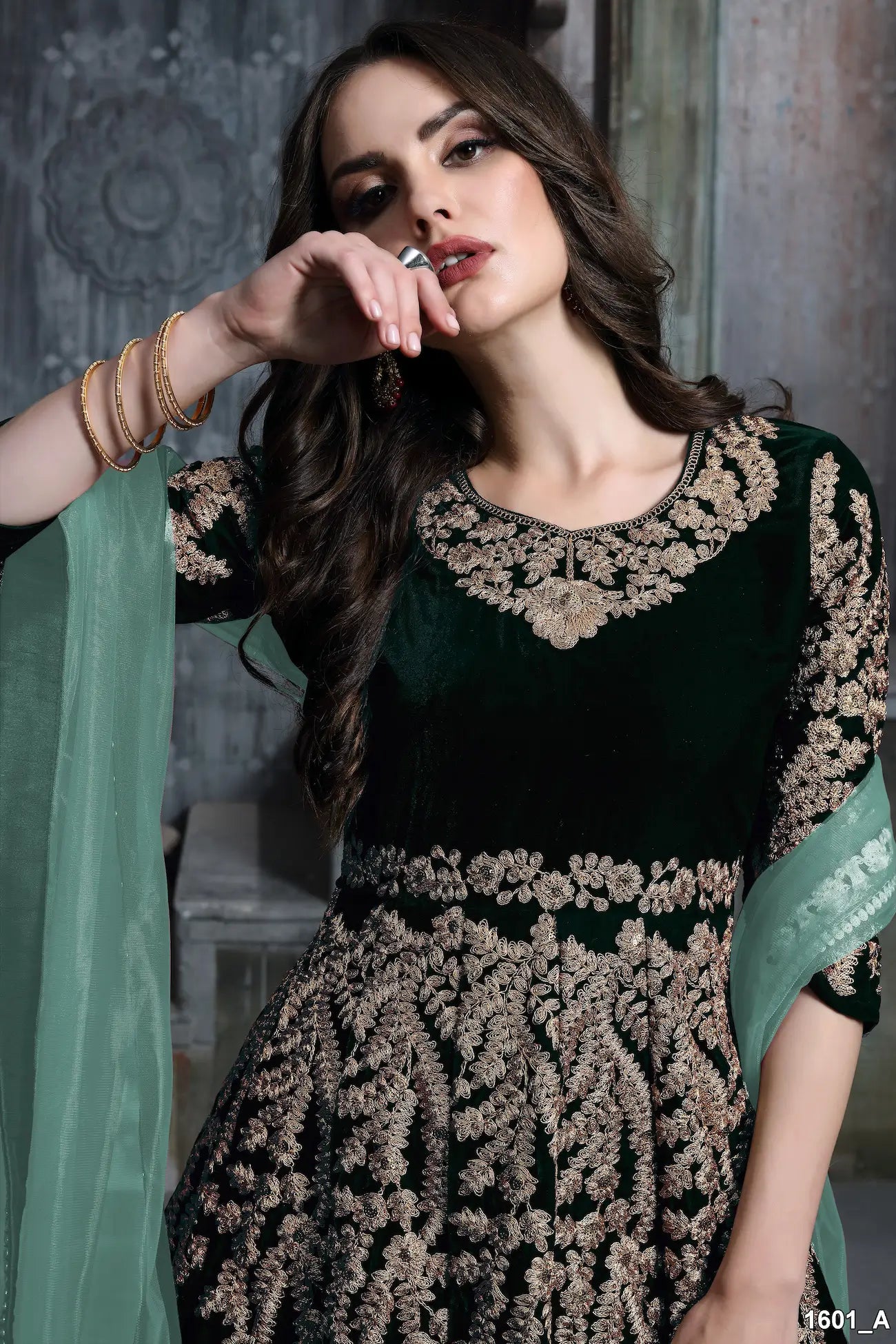 Green Velvet Thread & Sequence Embroidery Work Gown - qivii