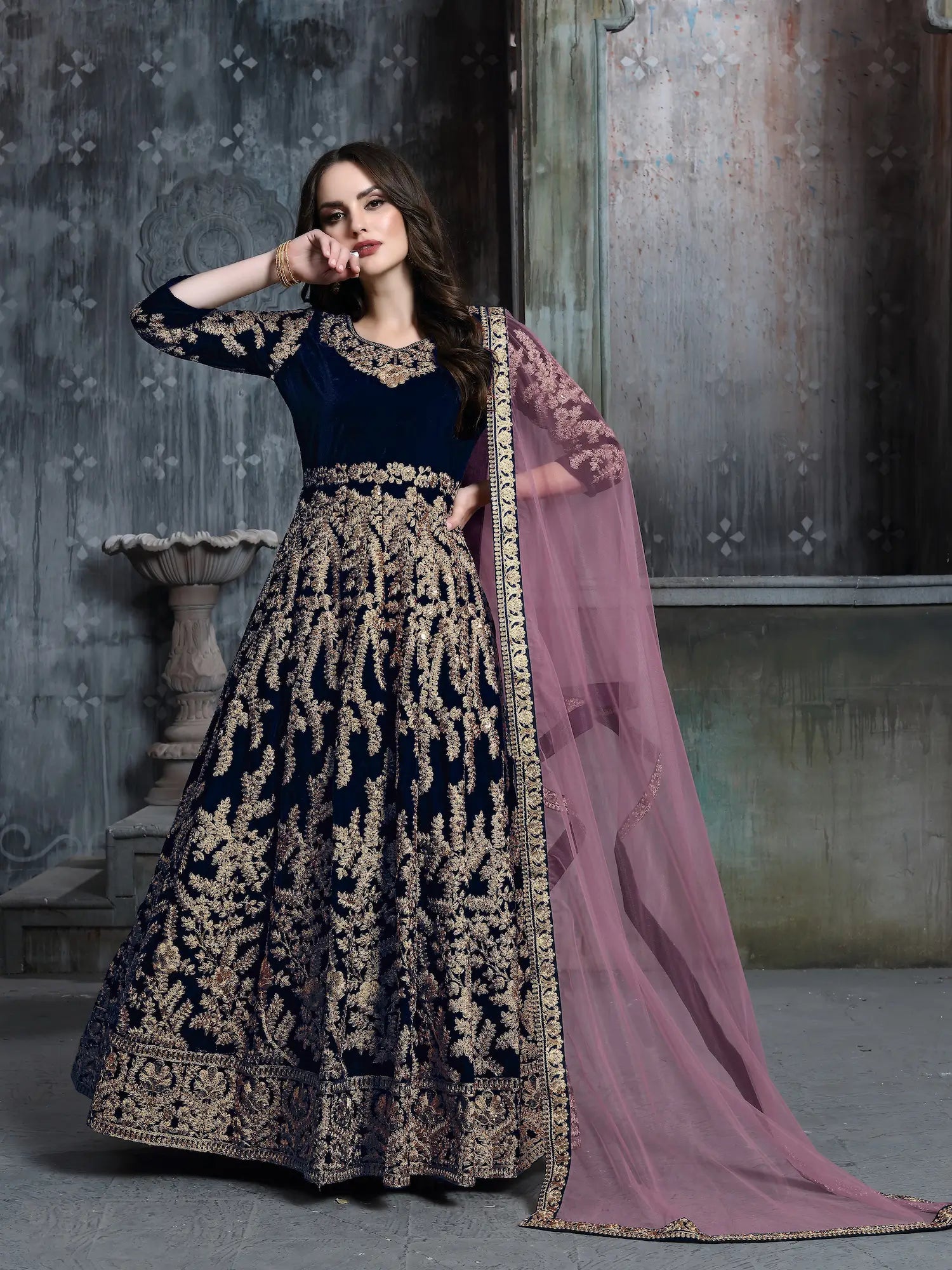 Navy Blue Velvet Thread & Sequence Embroidery Work Gown