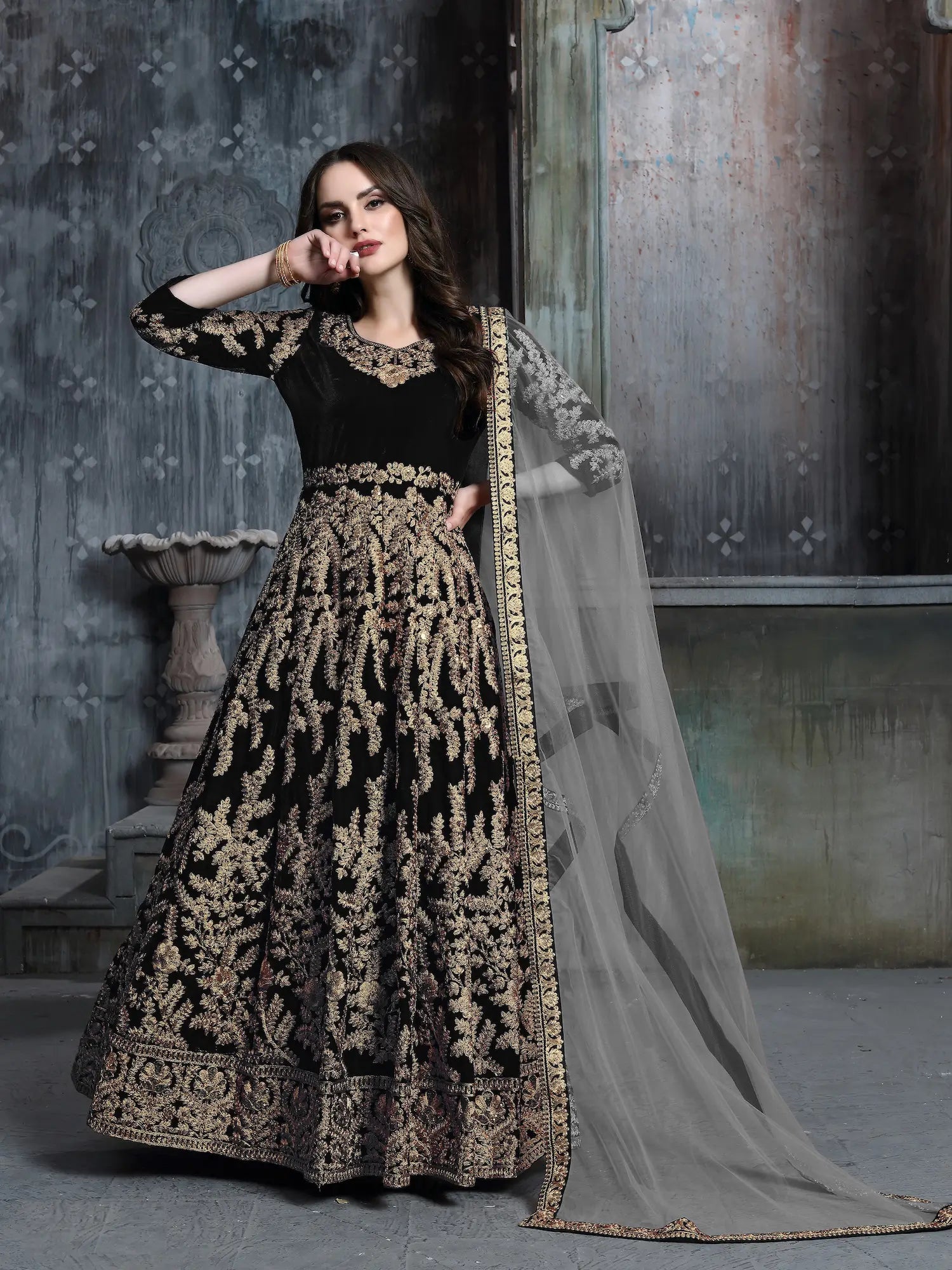 Black Velvet Thread & Sequence Embroidery Work Gown
