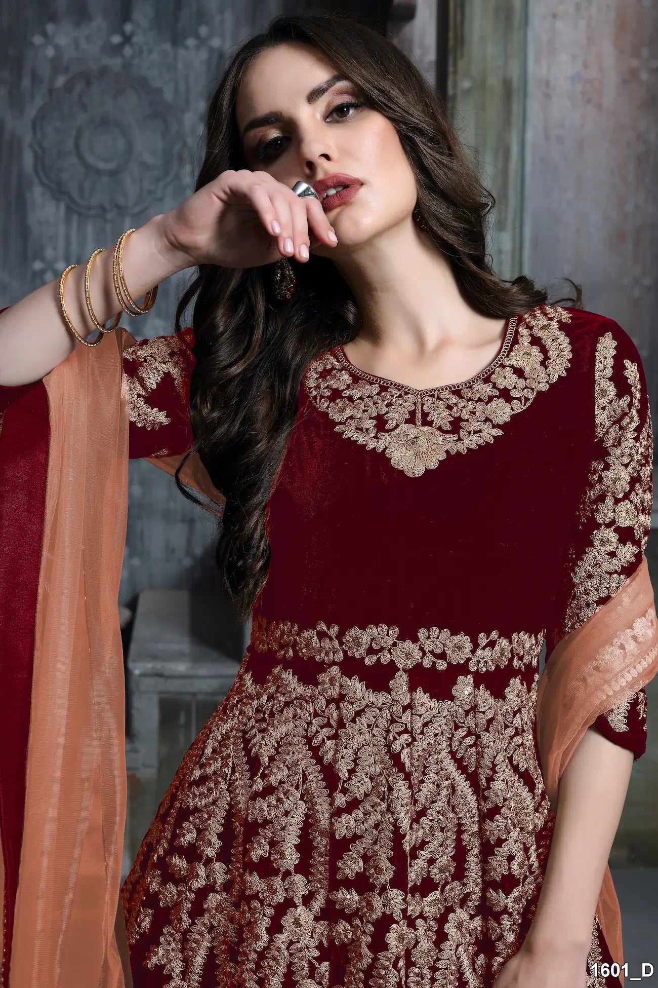 Maroon Velvet Thread & Sequence Embroidery Work Gown - qivii