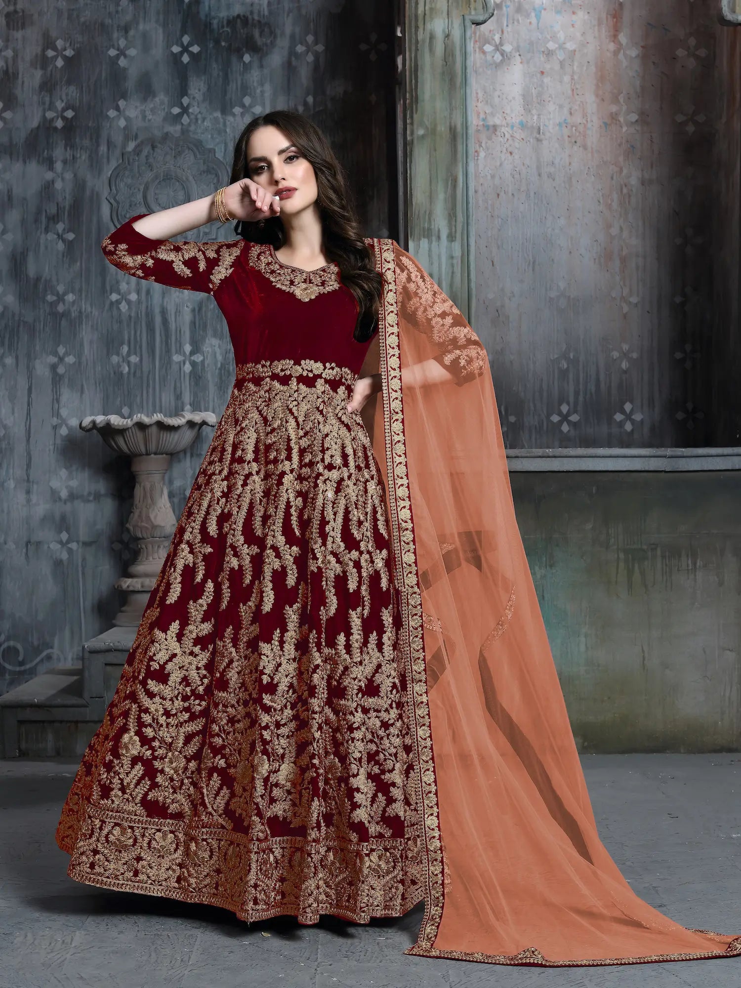 Maroon Velvet Thread & Sequence Embroidery Work Gown - qivii