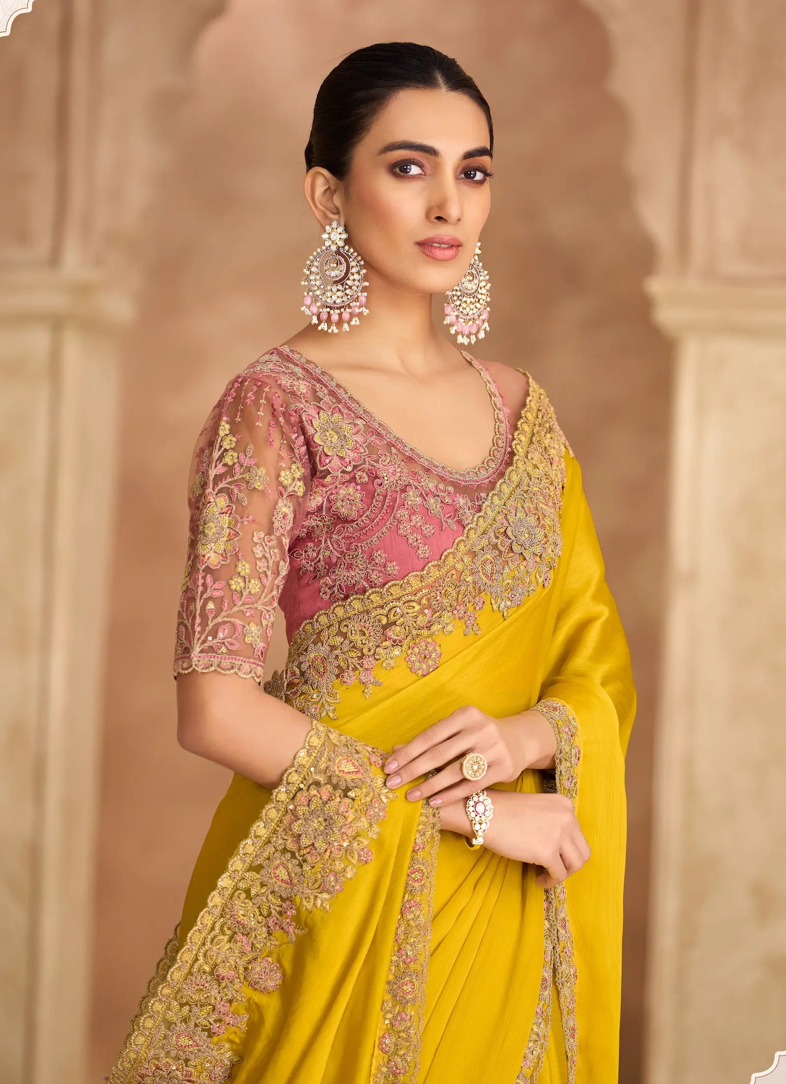Golden Yellow Chiffon Embroidery Saree