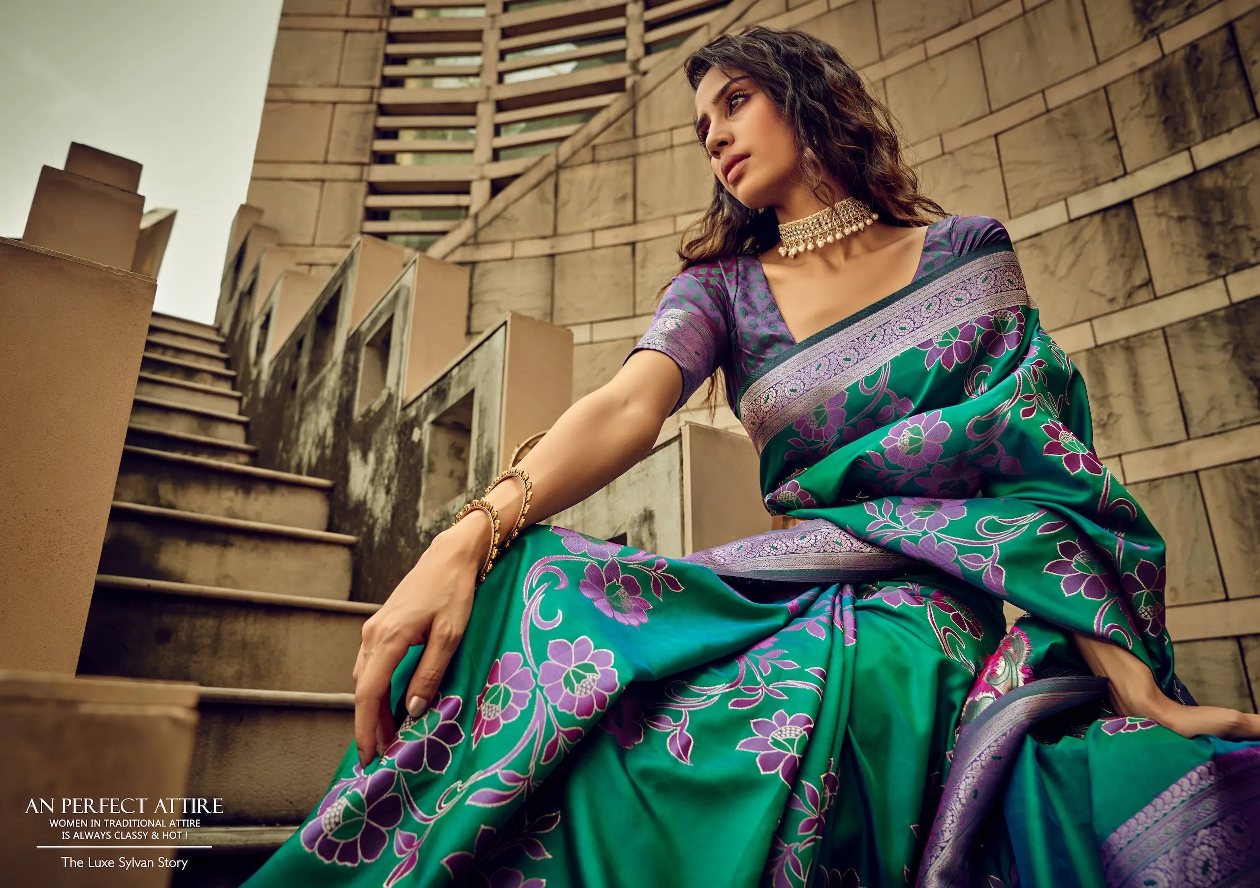 Green Satin Brasso Handwoven Silk With Flower Weaving Saree - qivii