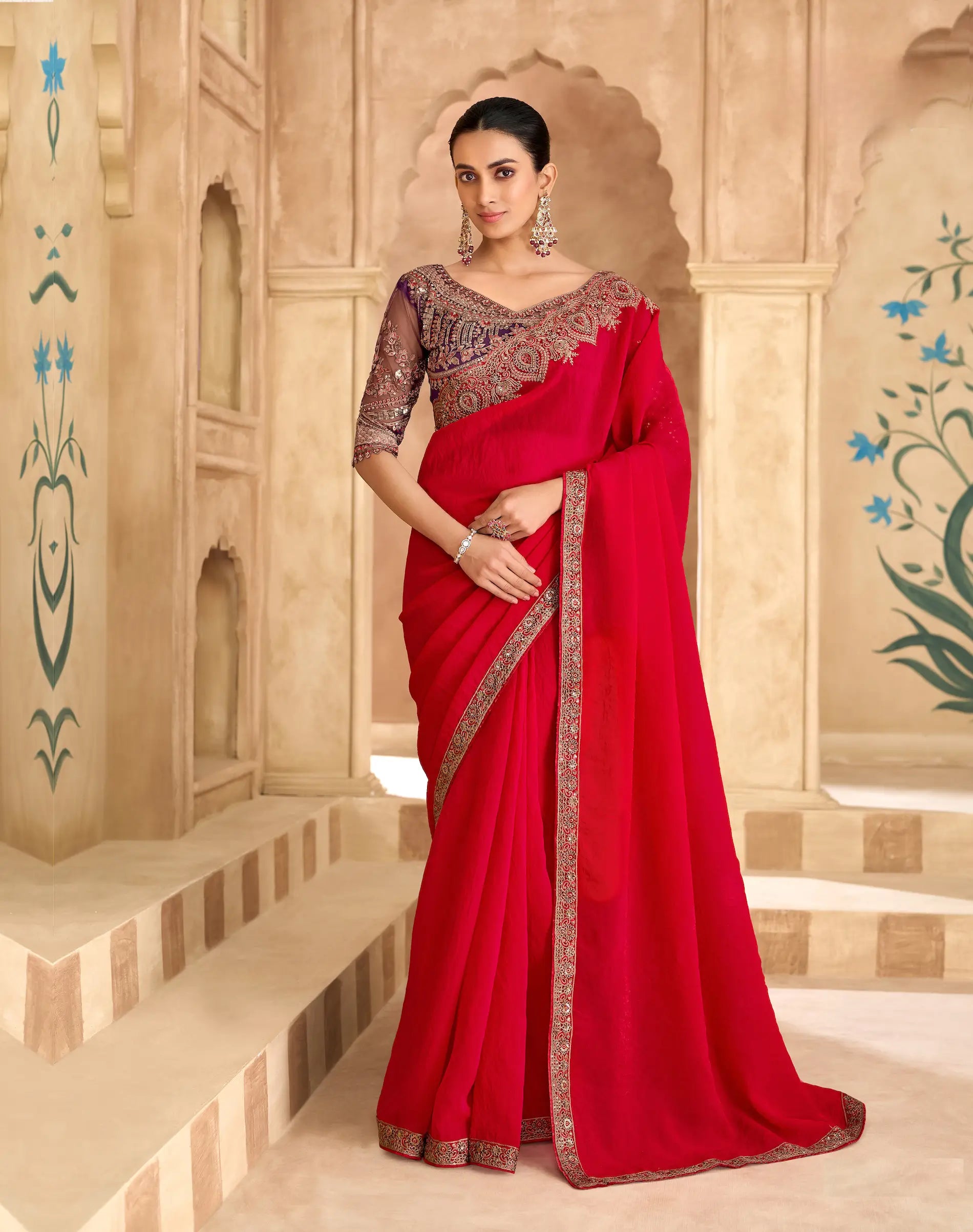 Cherry Red Georgette Embroidery Saree