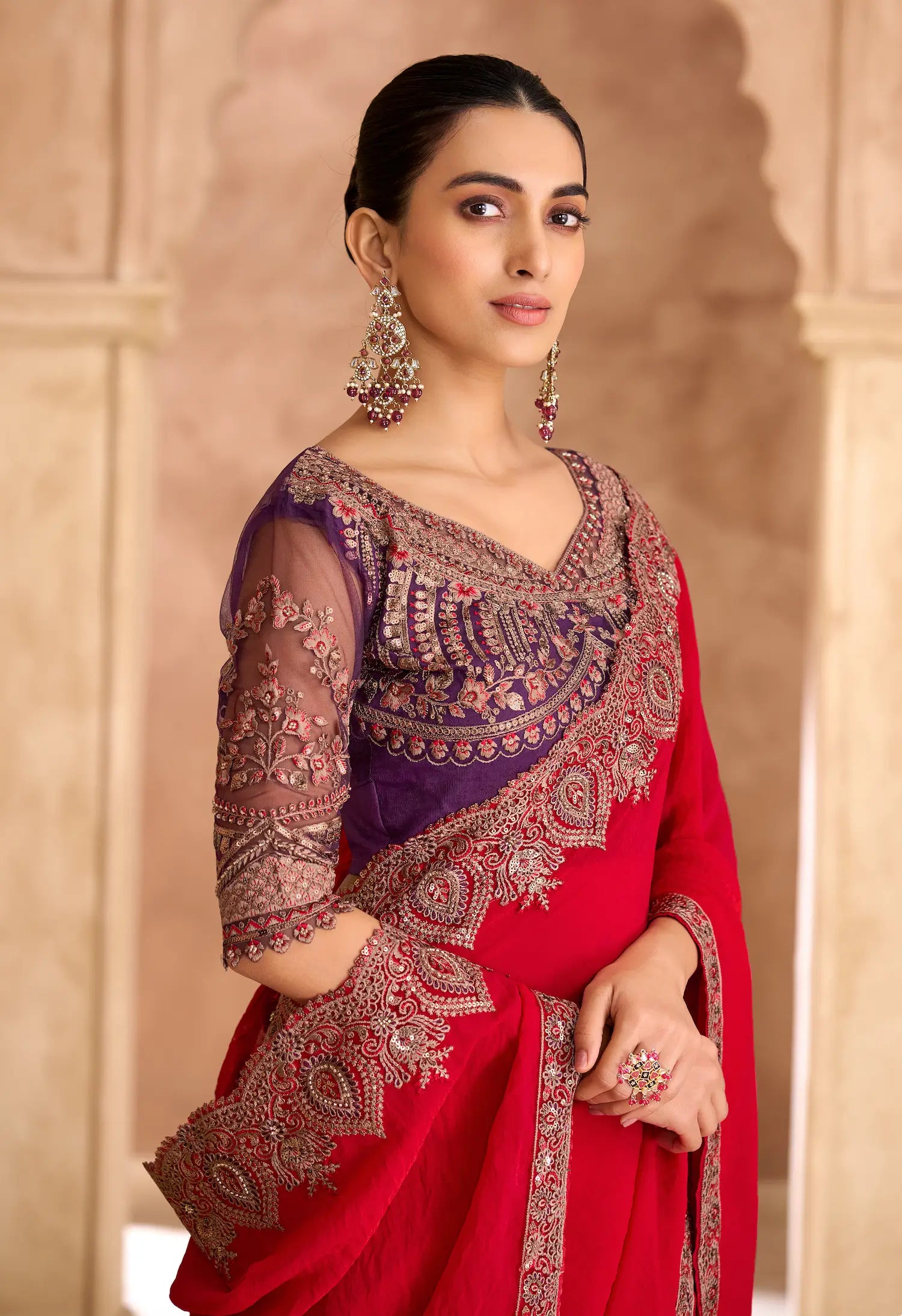 Cherry Red Georgette Embroidery Saree