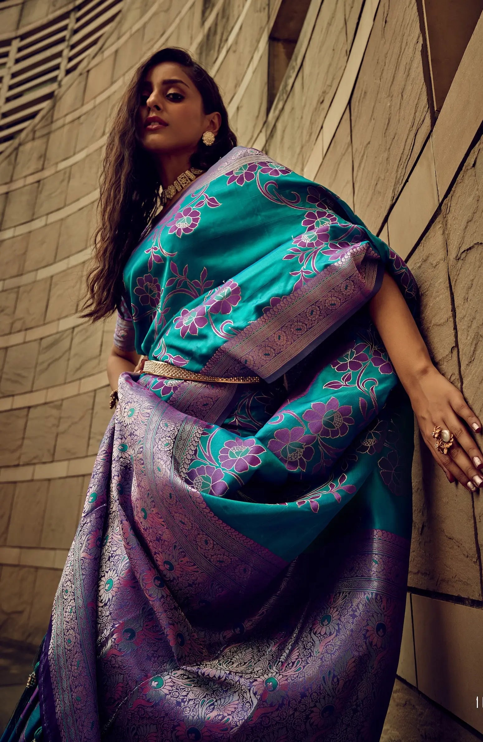 Medium Turquoise Satin Brasso Handwoven Silk With Flower Weaving Saree - qivii