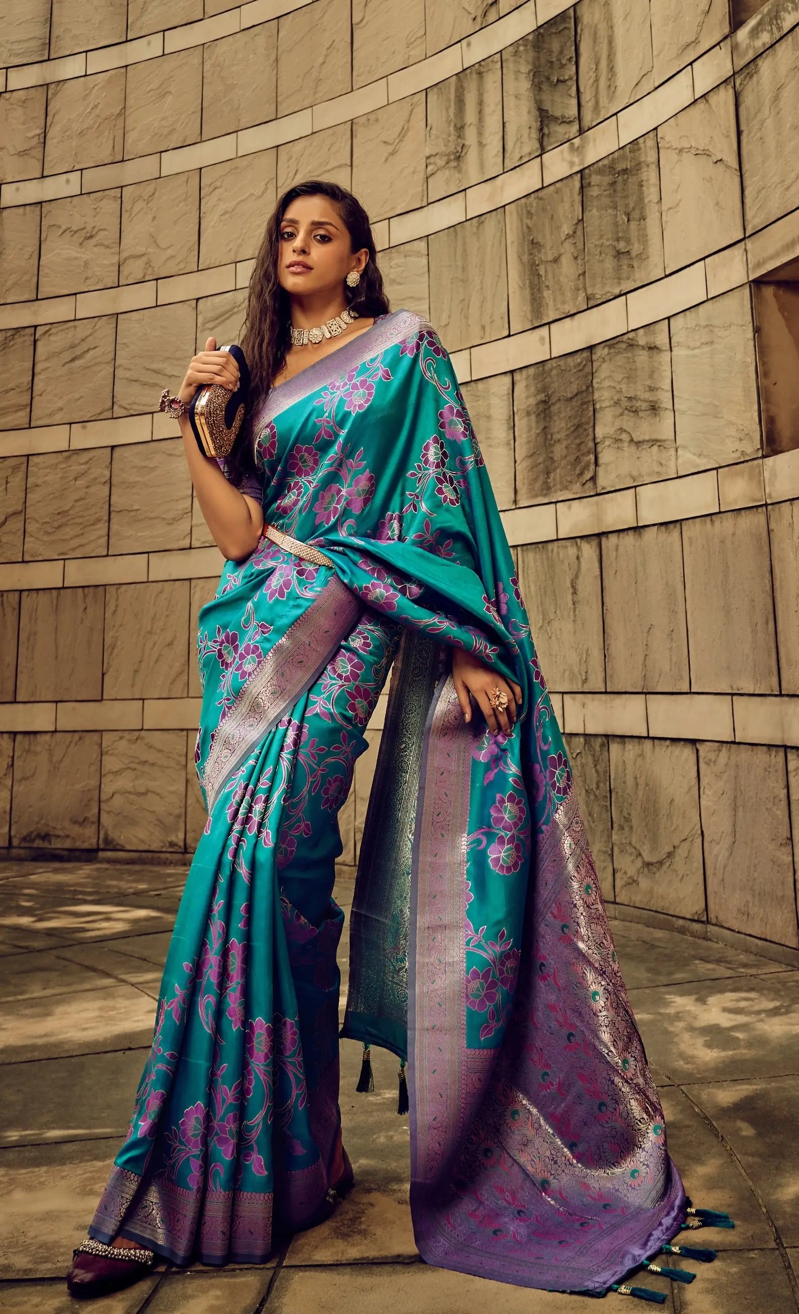 Medium Turquoise Satin Brasso Handwoven Silk With Flower Weaving Saree - qivii
