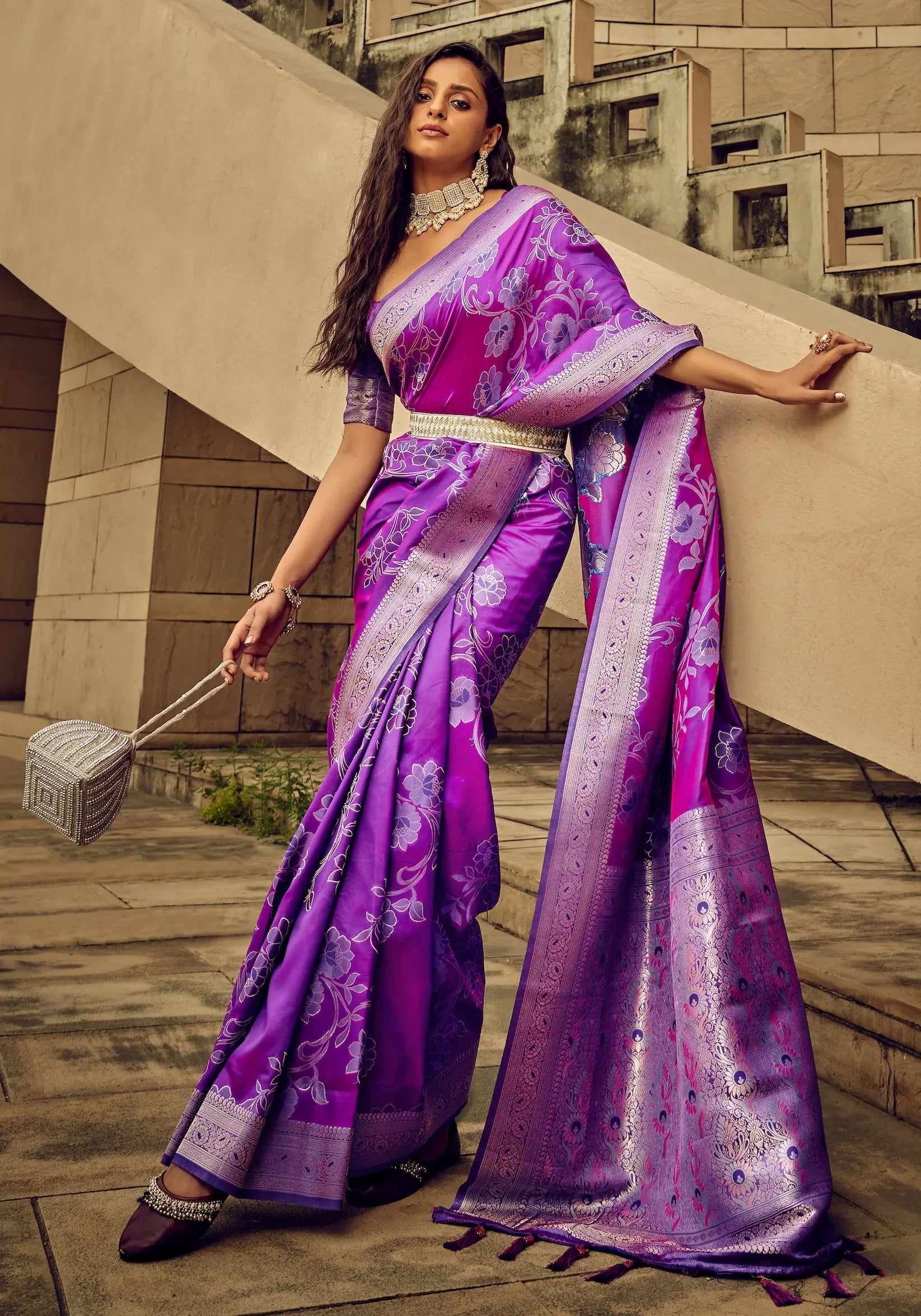 Purple Satin Brasso Handwoven Silk With Flower Weaving Saree - qivii