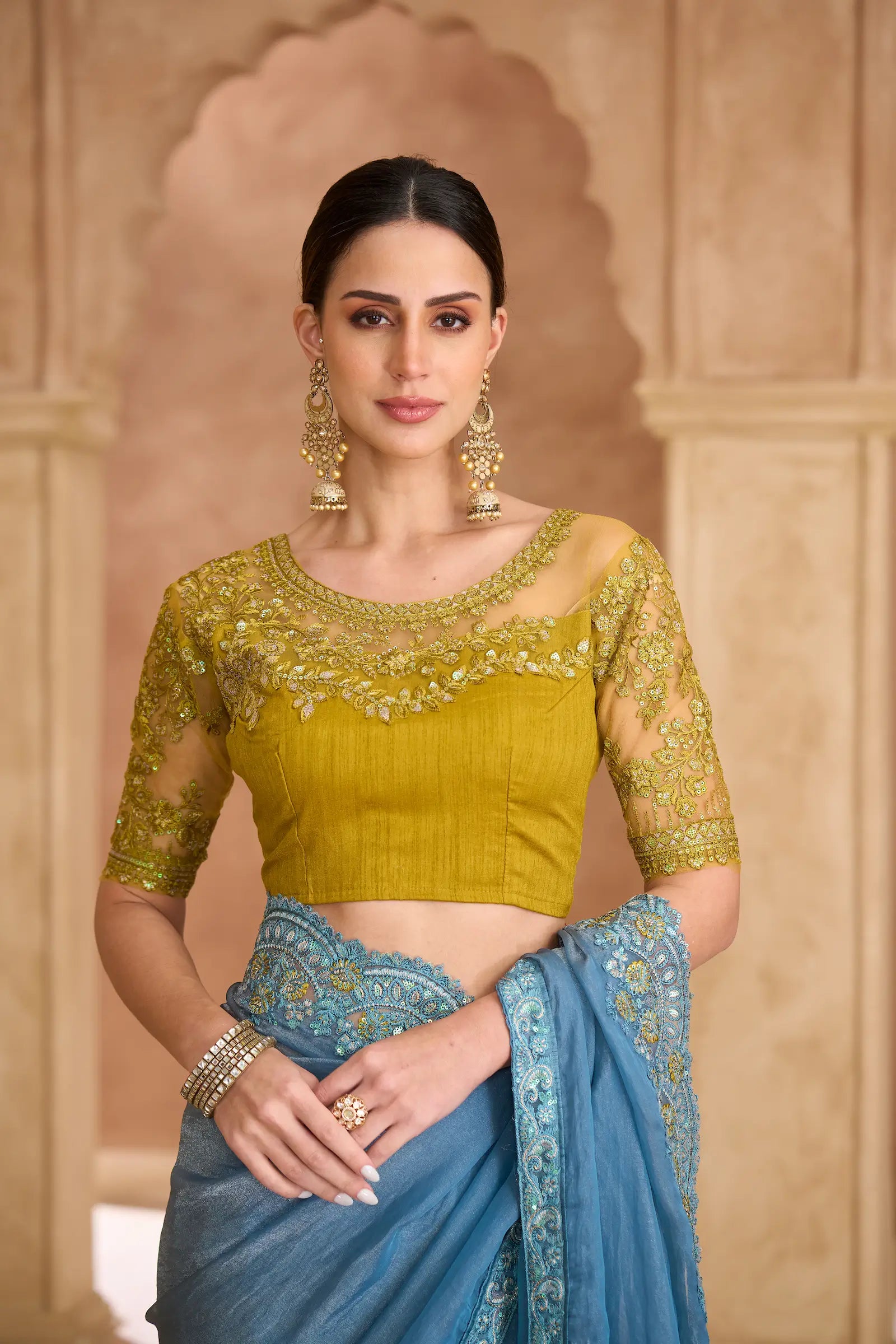 Greyish Teal Georgette Embroidery Saree