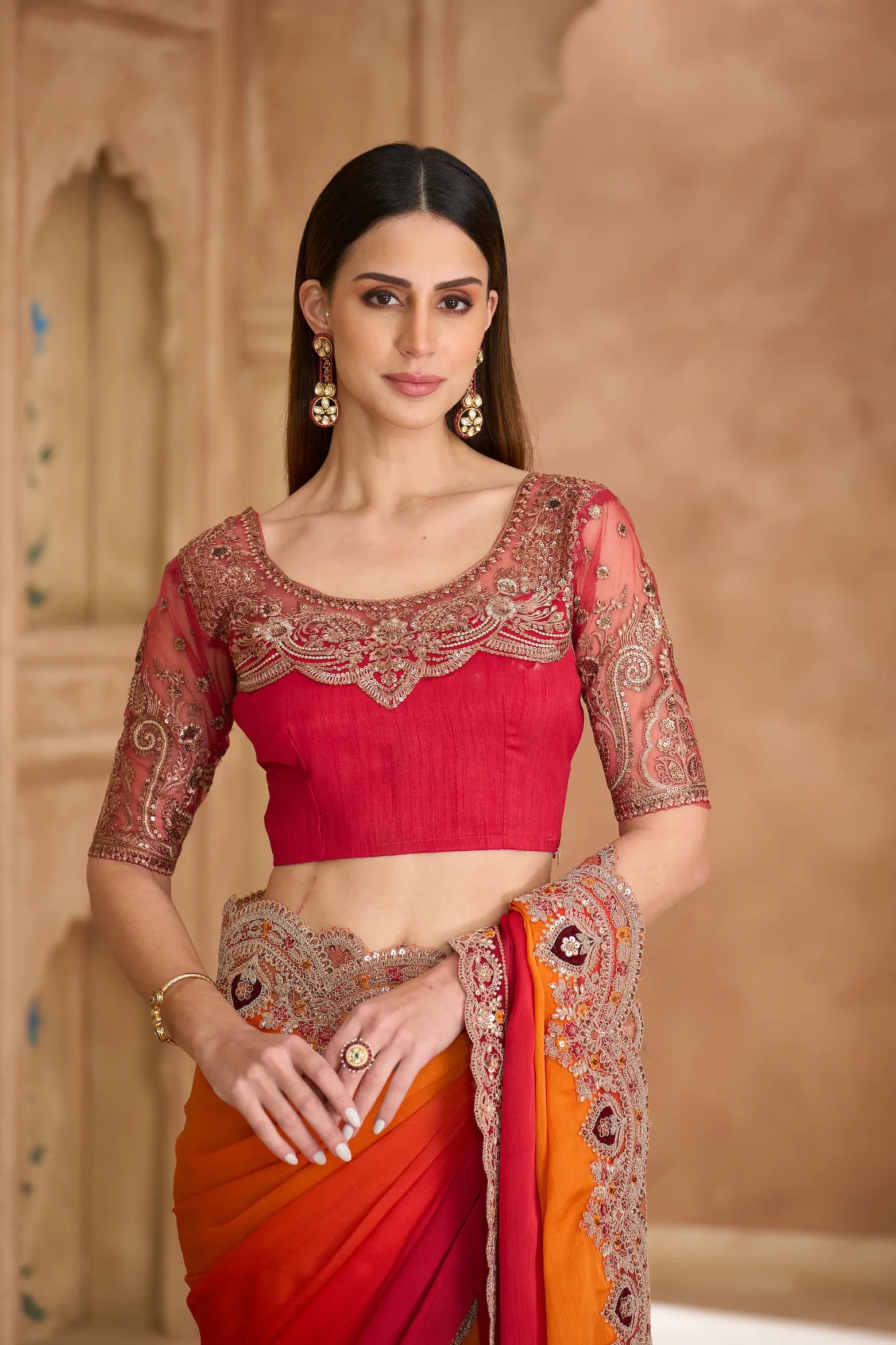 Red-Orange Chiffon Embroidery Saree