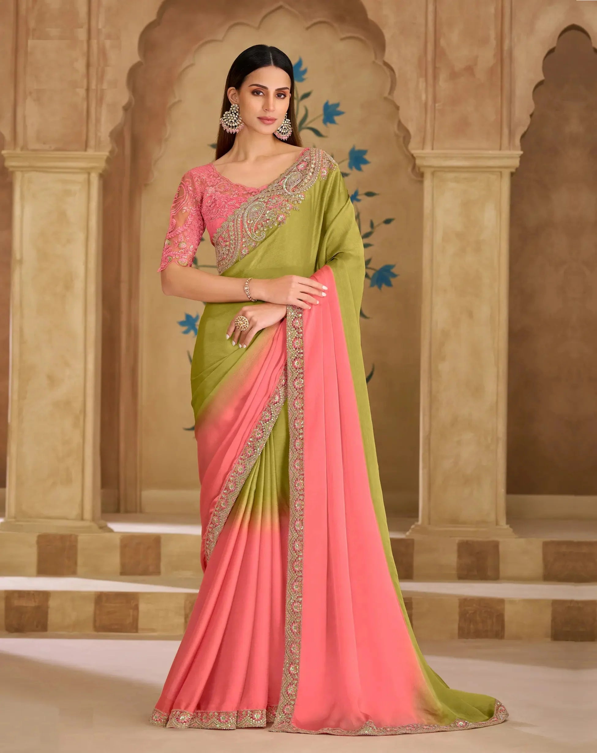 Peach-Olive Chiffon Embroidery Saree