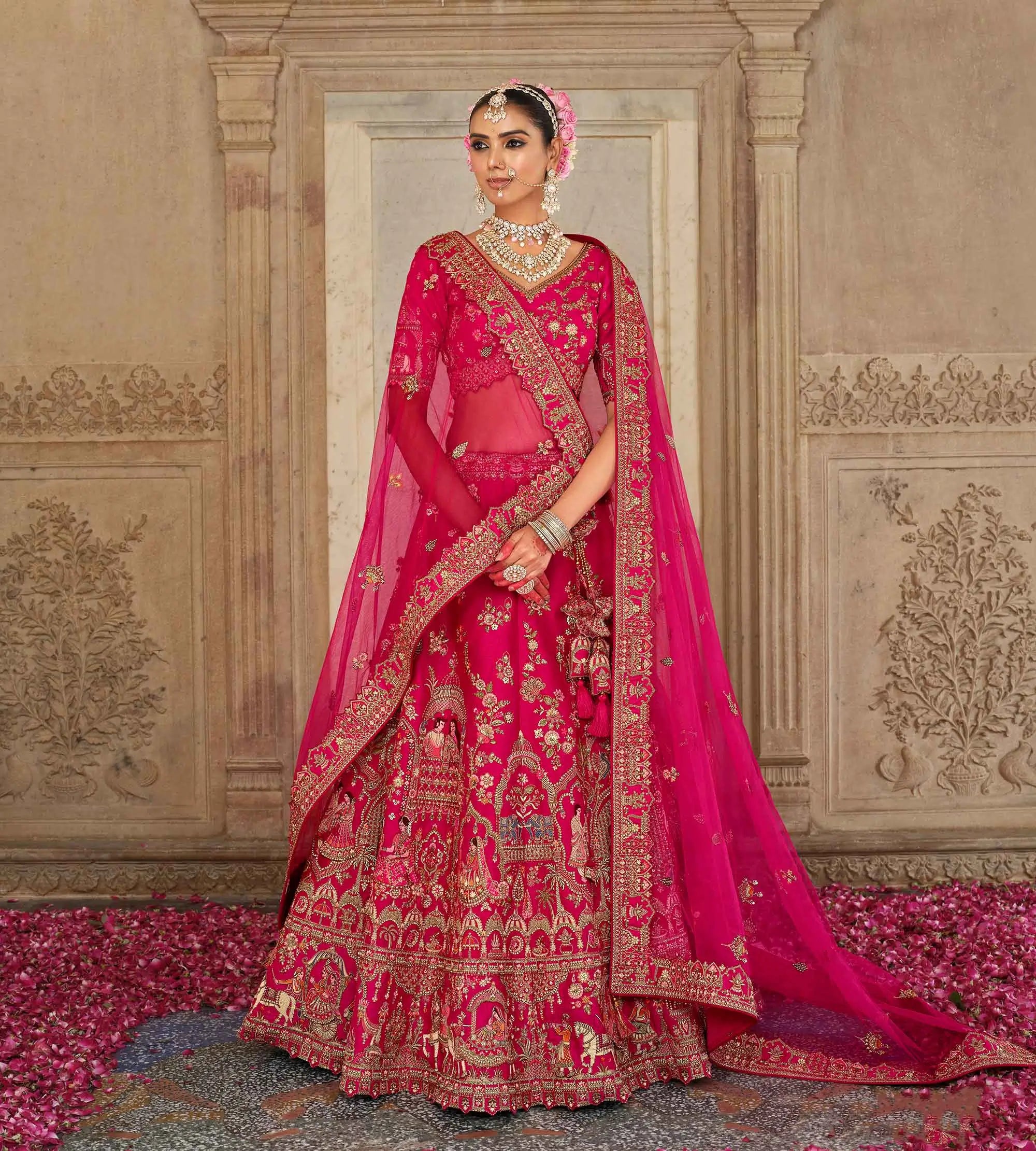 Designer Pink Bridal Lehenga Khatli Embroidery Work - qivii