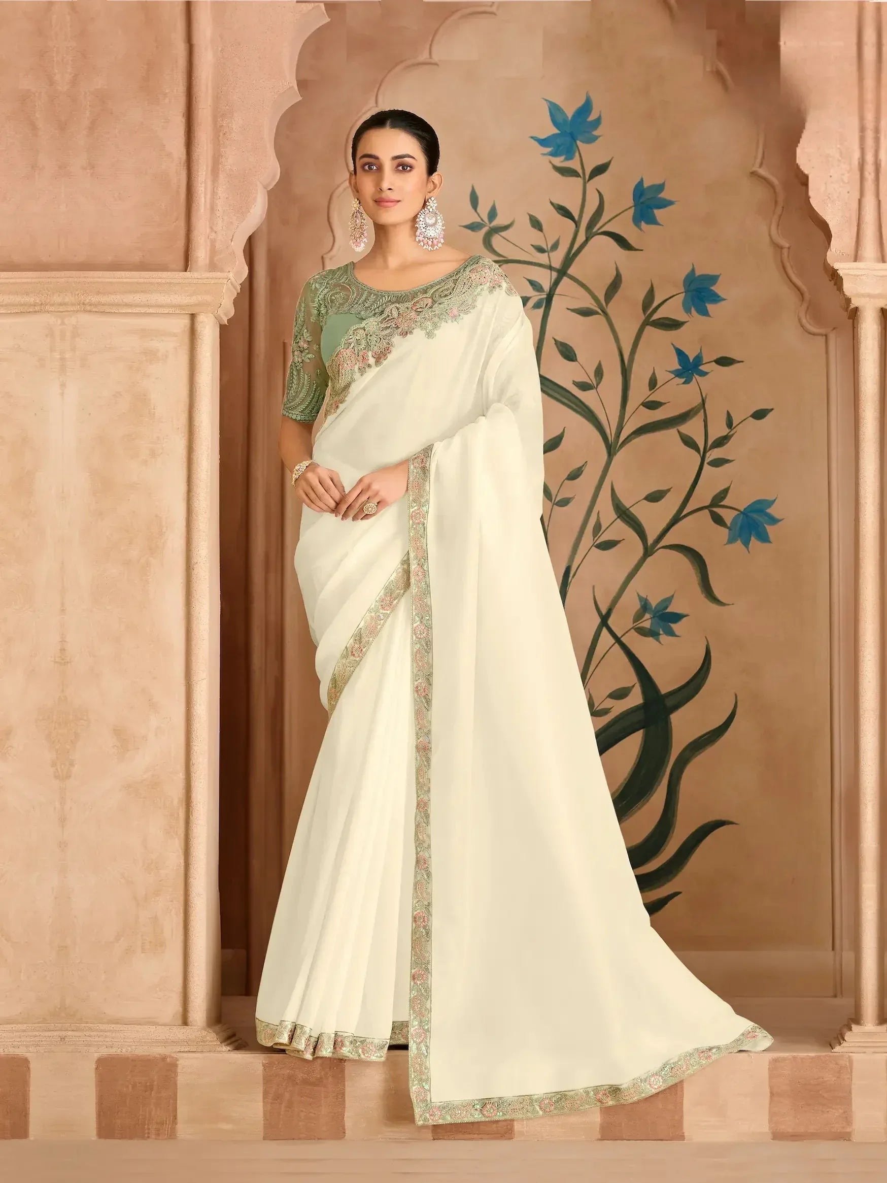 Powder White Georgette Embroidery Saree