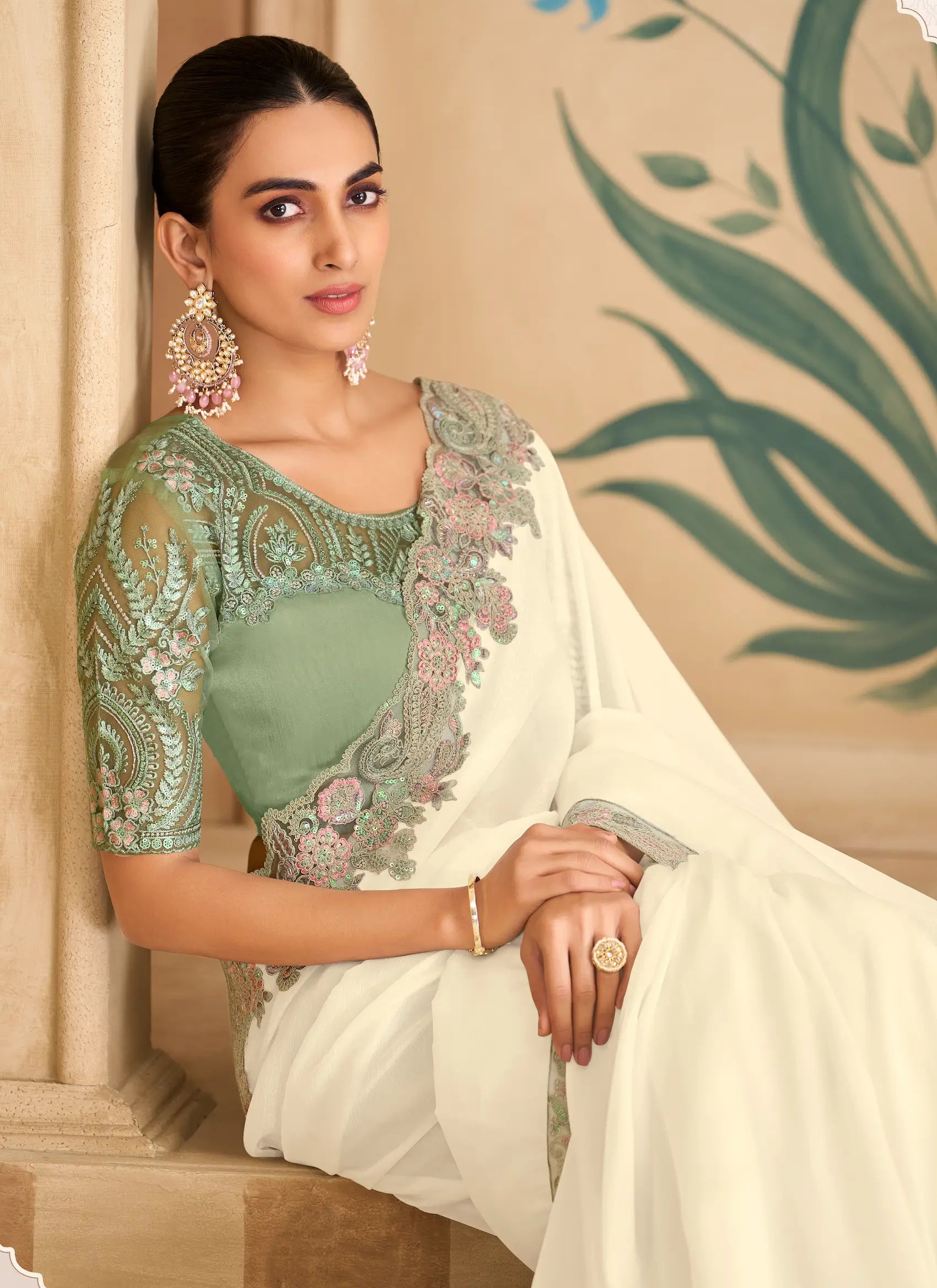 Powder White Georgette Embroidery Saree