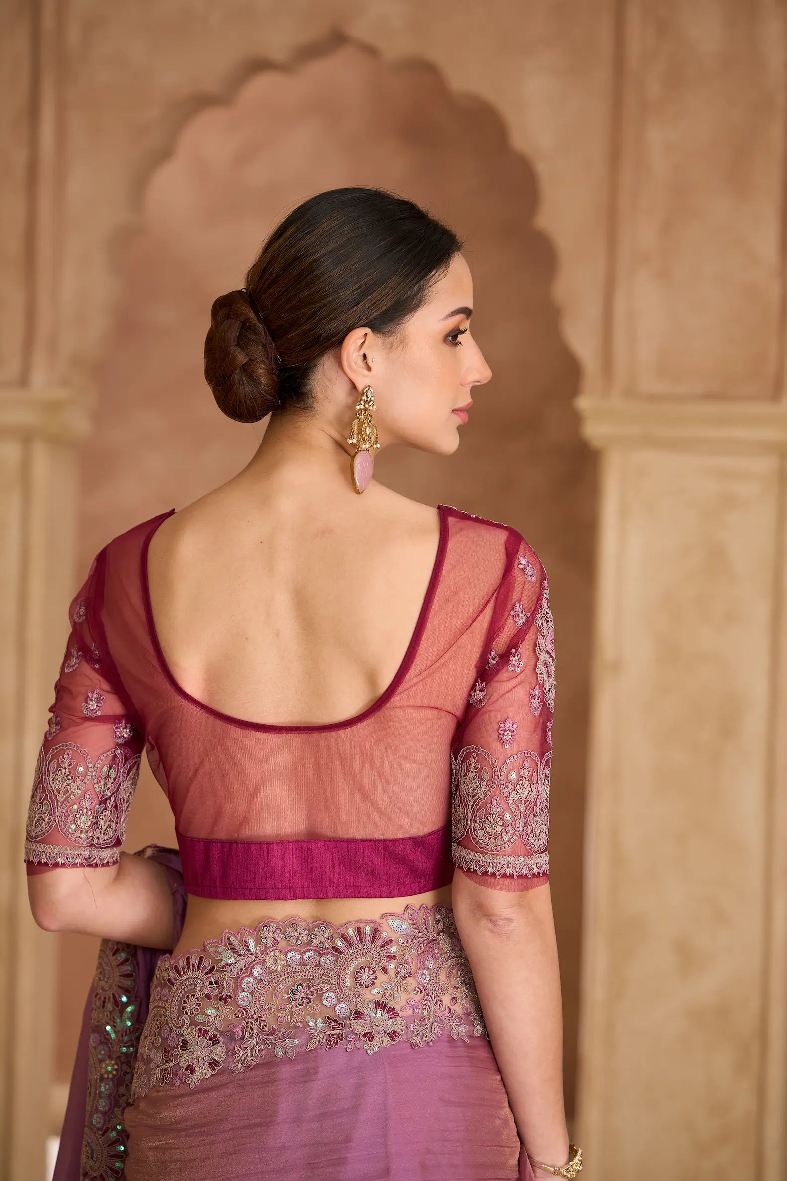 Onion Pink Georgette Embroidery Saree