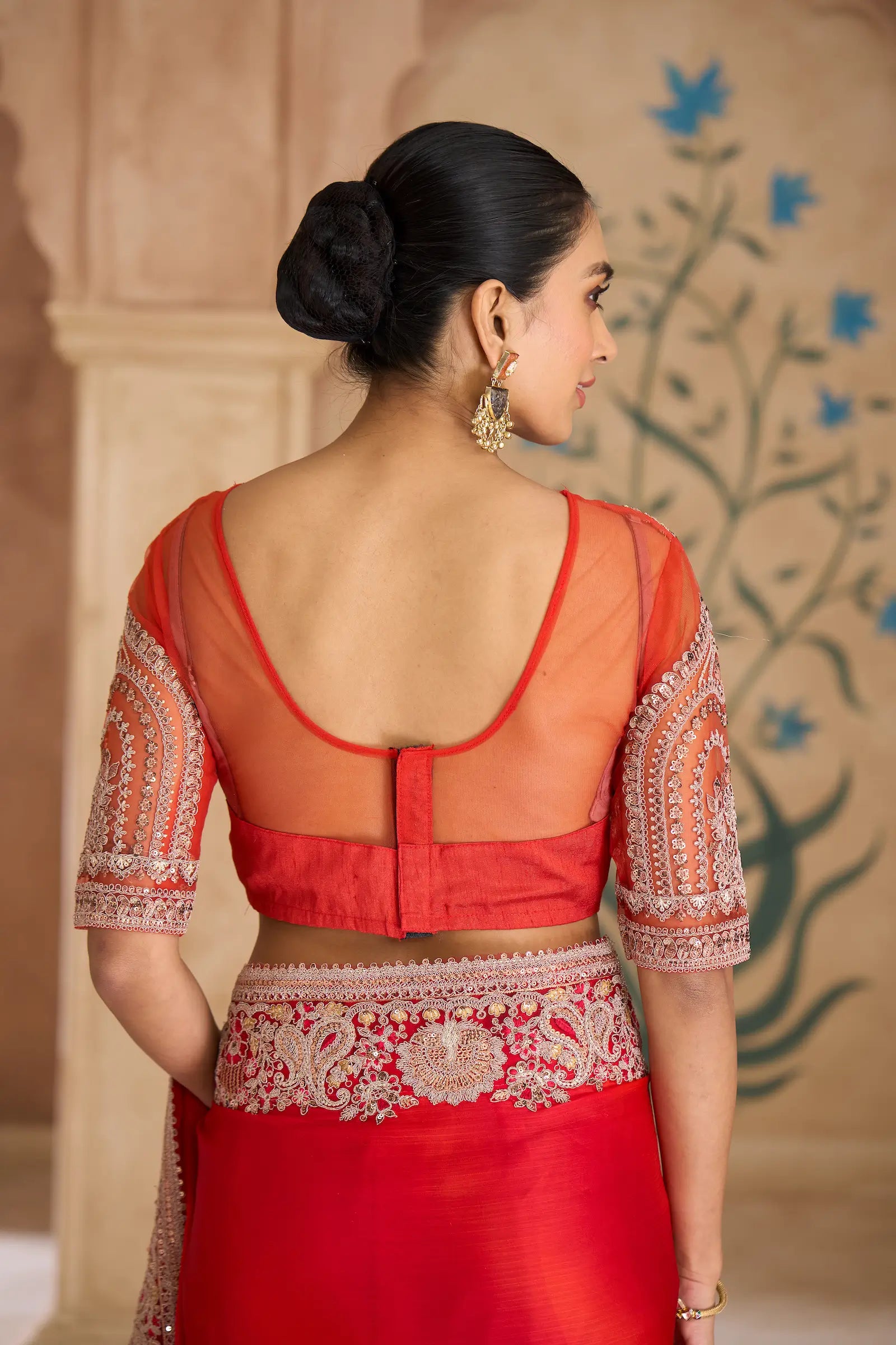 Scarlet Red Chiffon Embroidery Saree
