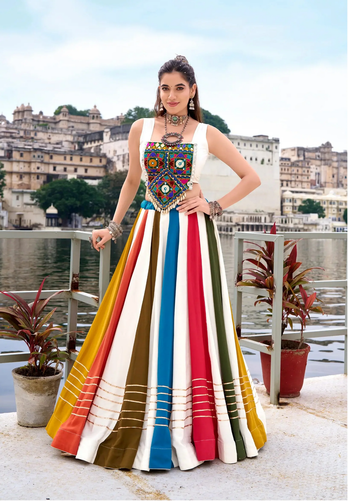 8 Meter Flair | Multicolor Chaniya Choli With Mirror Gamthi Work