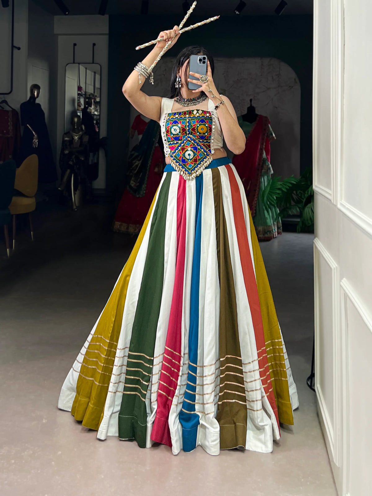 8 Meter Flair | Multicolor Chaniya Choli With Mirror Gamthi Work