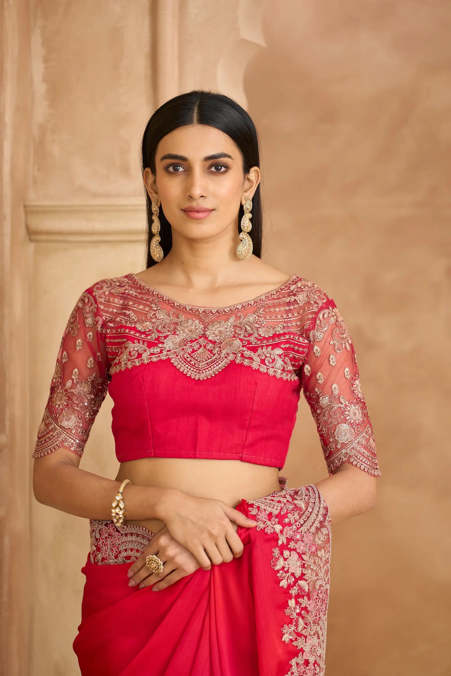 Rich Pink Chiffon Embroidery Saree