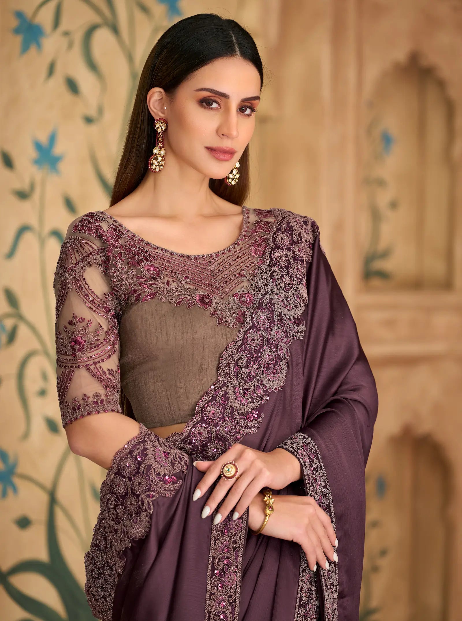 Wine Berry Chiffon Embroidery Saree