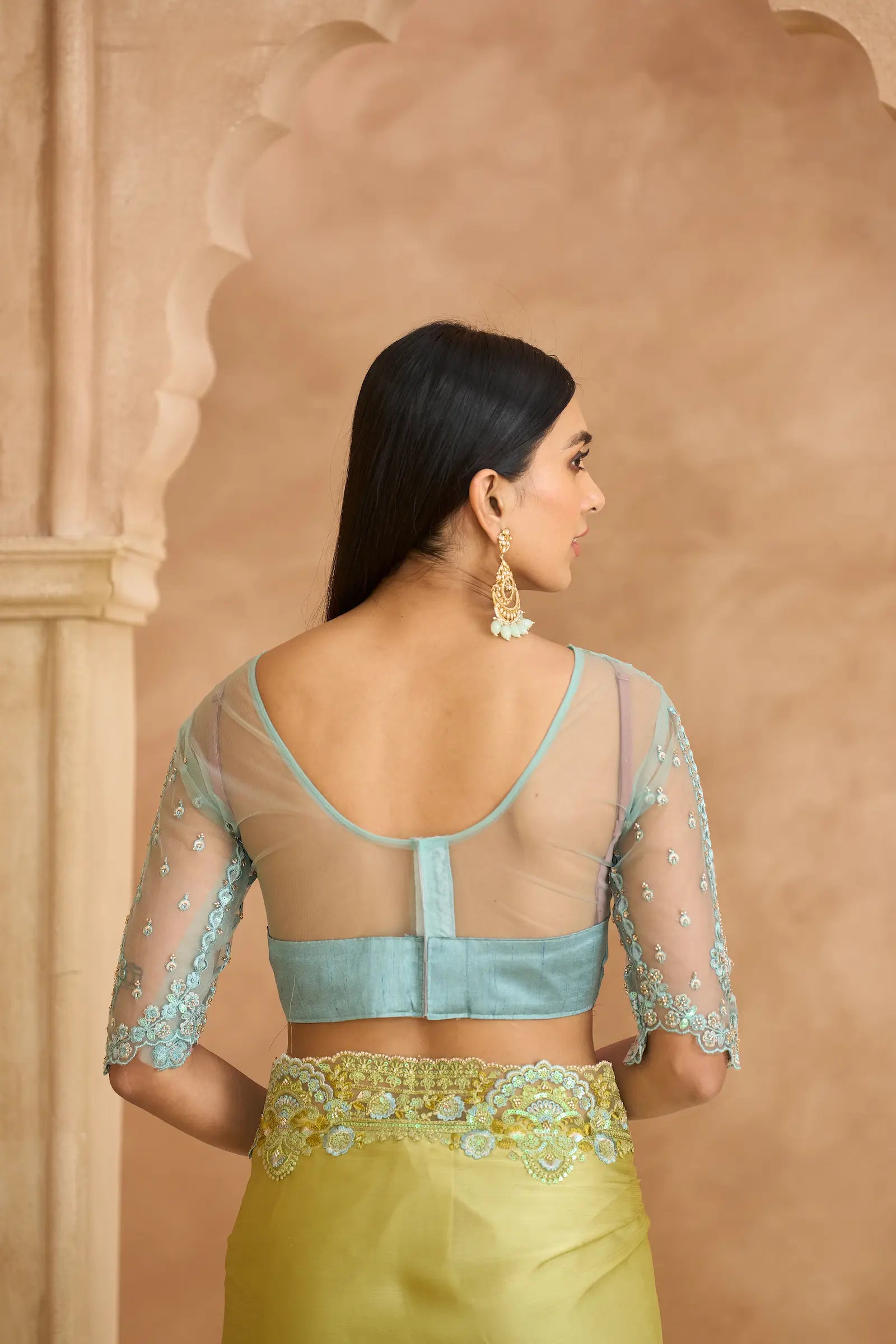 Lime Green Chiffon Embroidery Saree