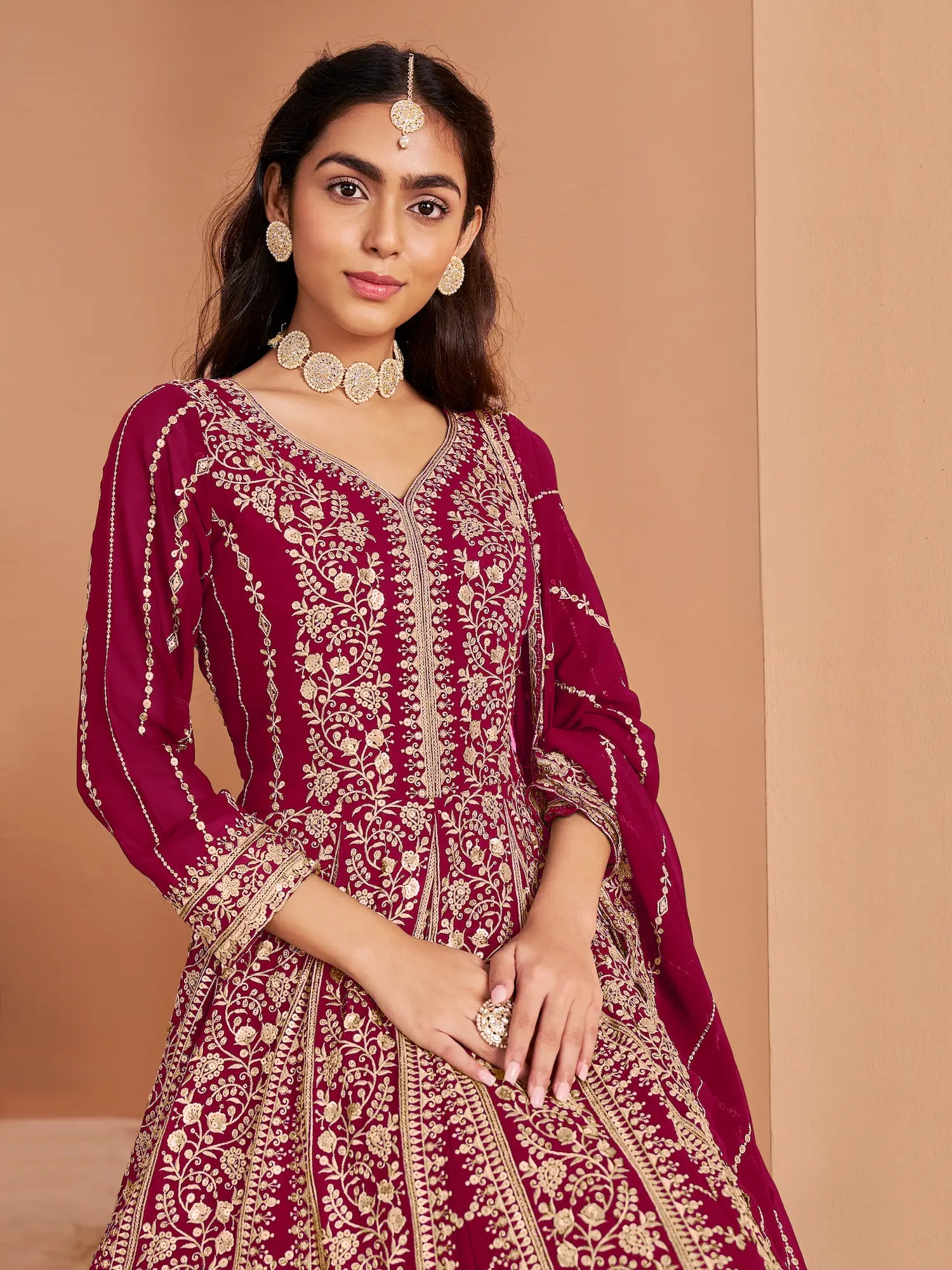 Dark Pink Georgette Gown With Sequence & Thread Embroidery Work - qivii
