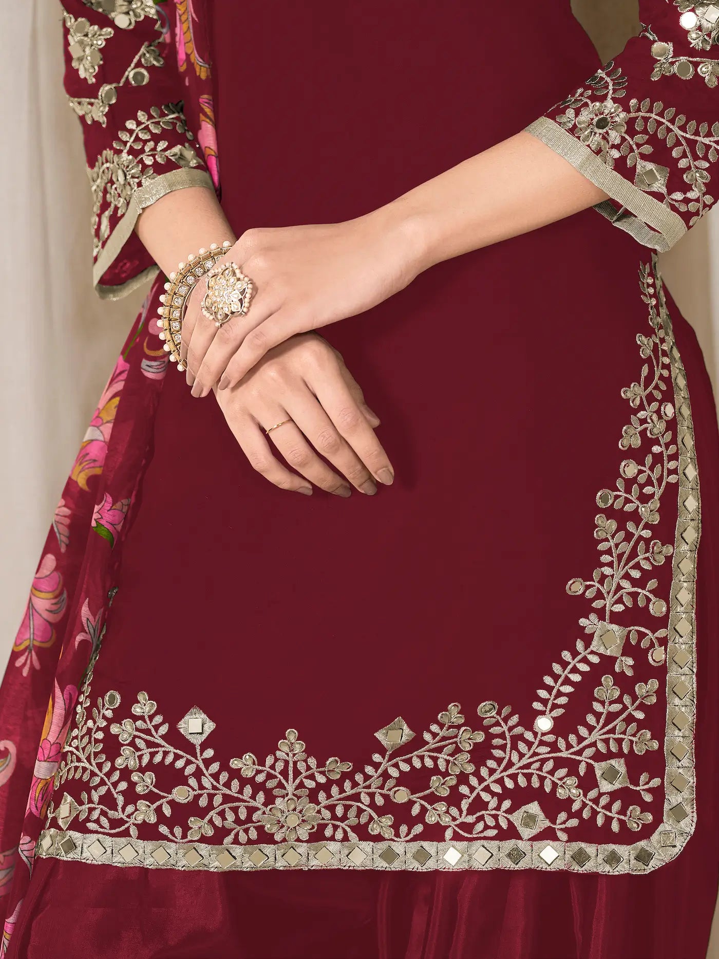 Dark Red Roman Silk Embroidery Work Salwar Suit - qivii