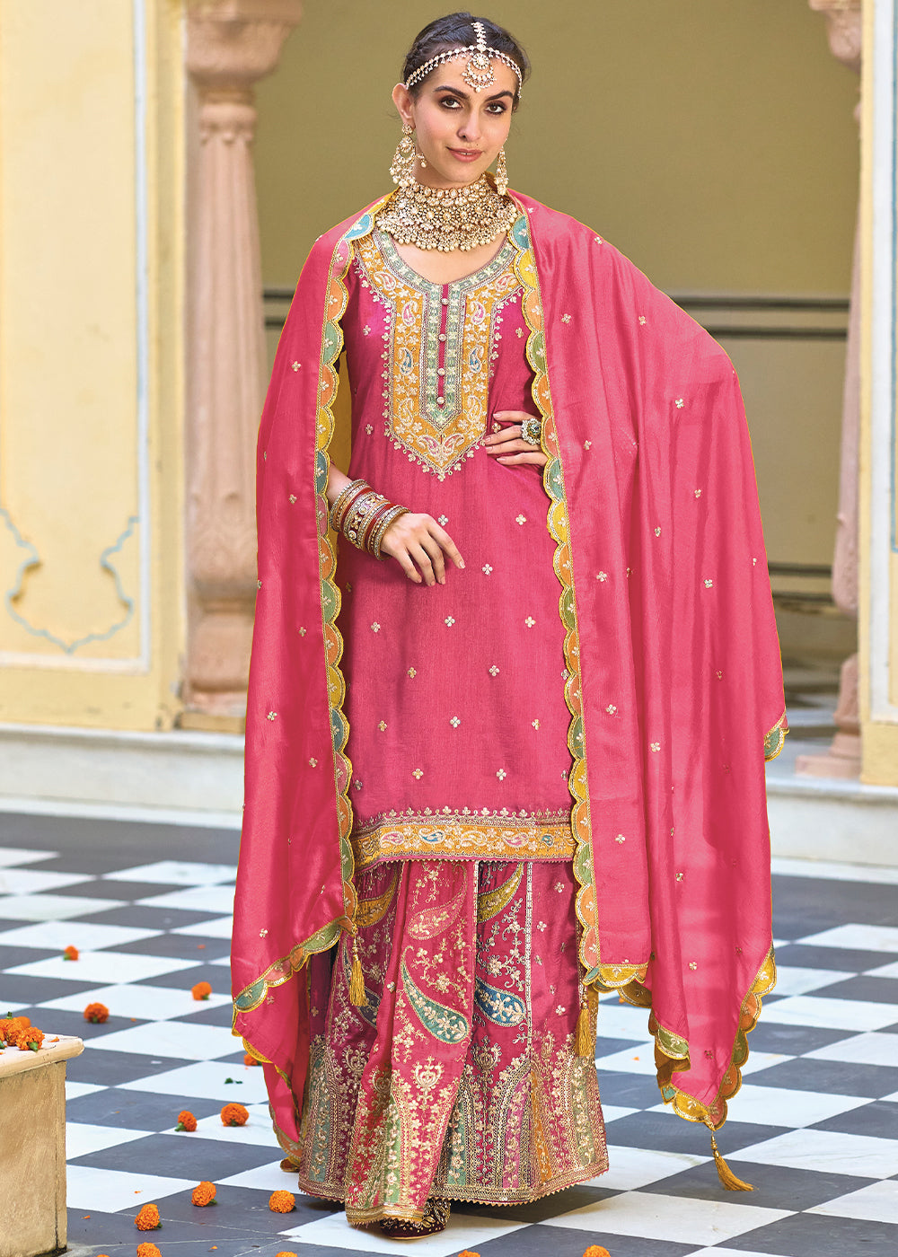 Hot Pink Chinnon Silk Plazzo Suit with Heavy Embroidery work - qivii