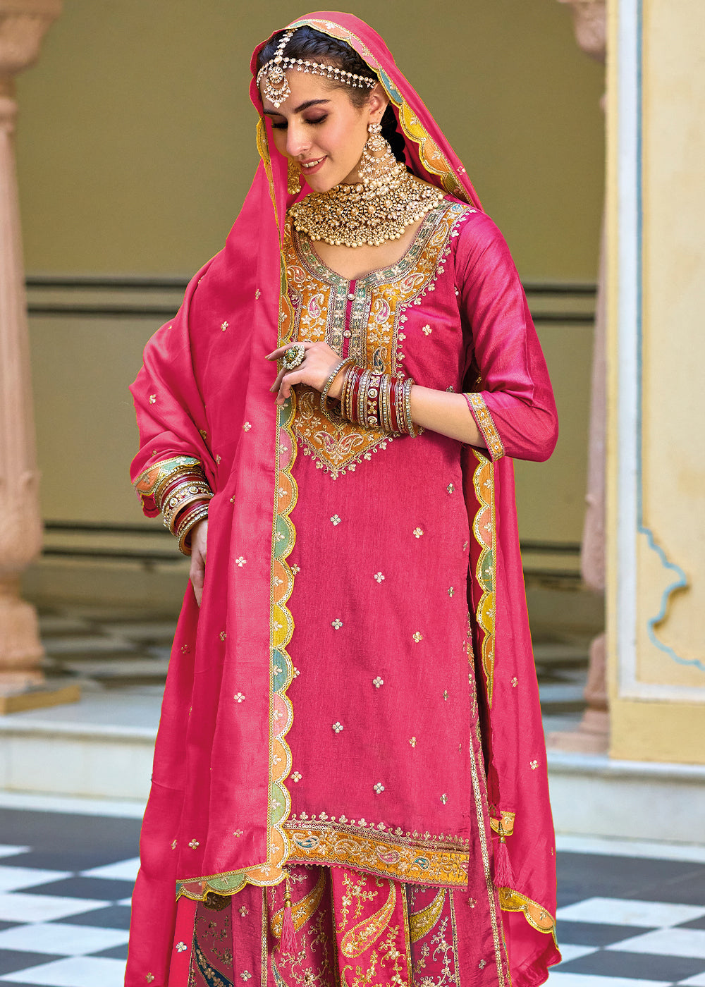 Hot Pink Chinnon Silk Plazzo Suit with Heavy Embroidery work - qivii