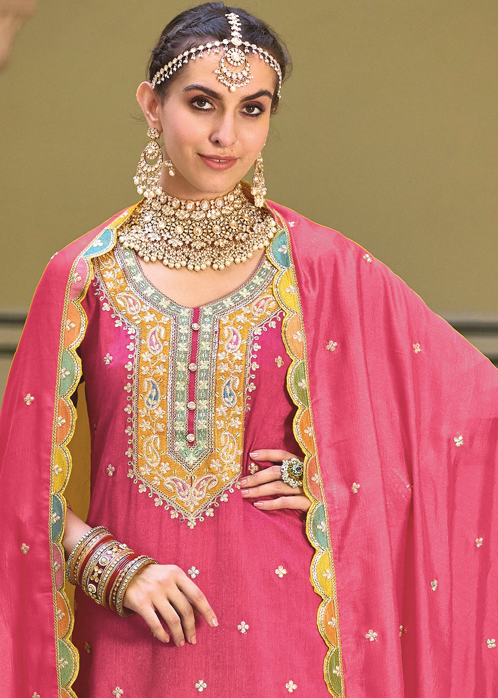 Hot Pink Chinnon Silk Plazzo Suit with Heavy Embroidery work - qivii
