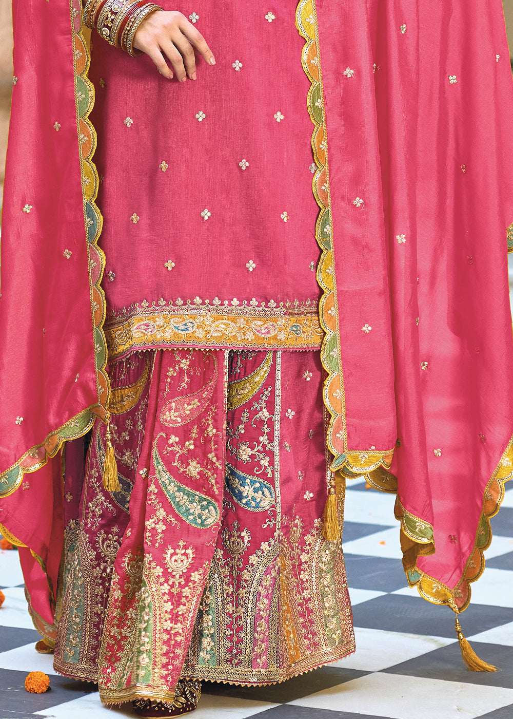Hot Pink Chinnon Silk Plazzo Suit with Heavy Embroidery work - qivii