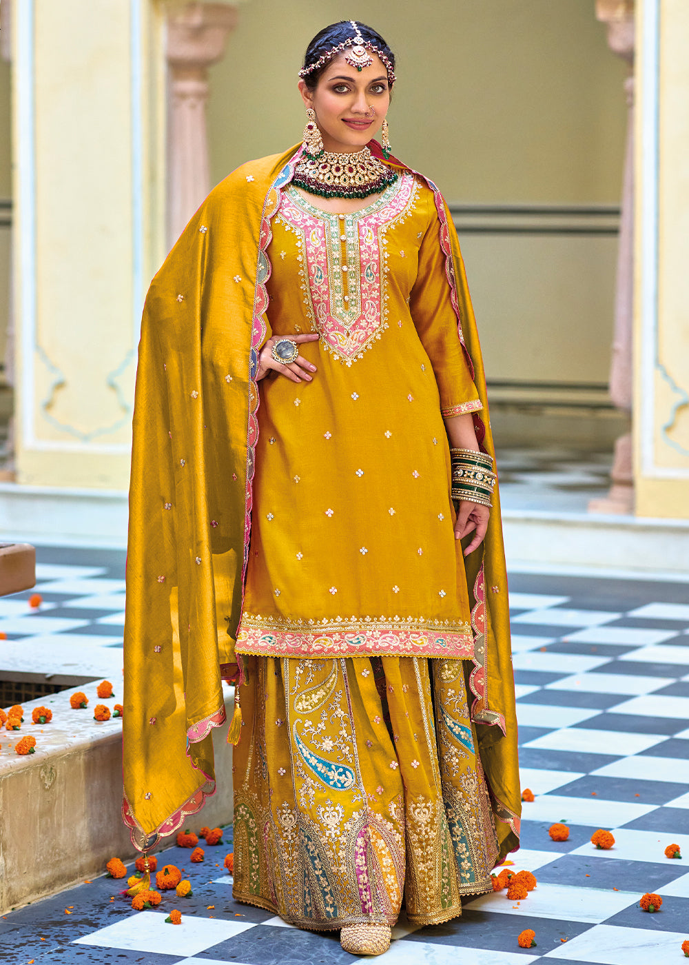 Mustard Yellow Chinnon Silk Plazzo Suit with Heavy Embroidery work - qivii