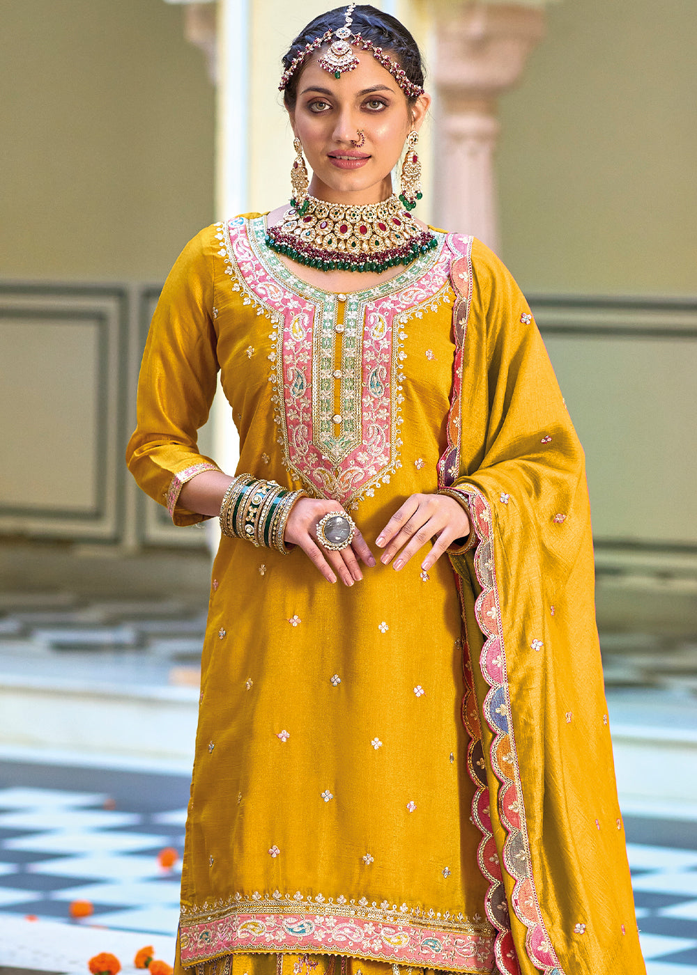 Mustard Yellow Chinnon Silk Plazzo Suit with Heavy Embroidery work - qivii