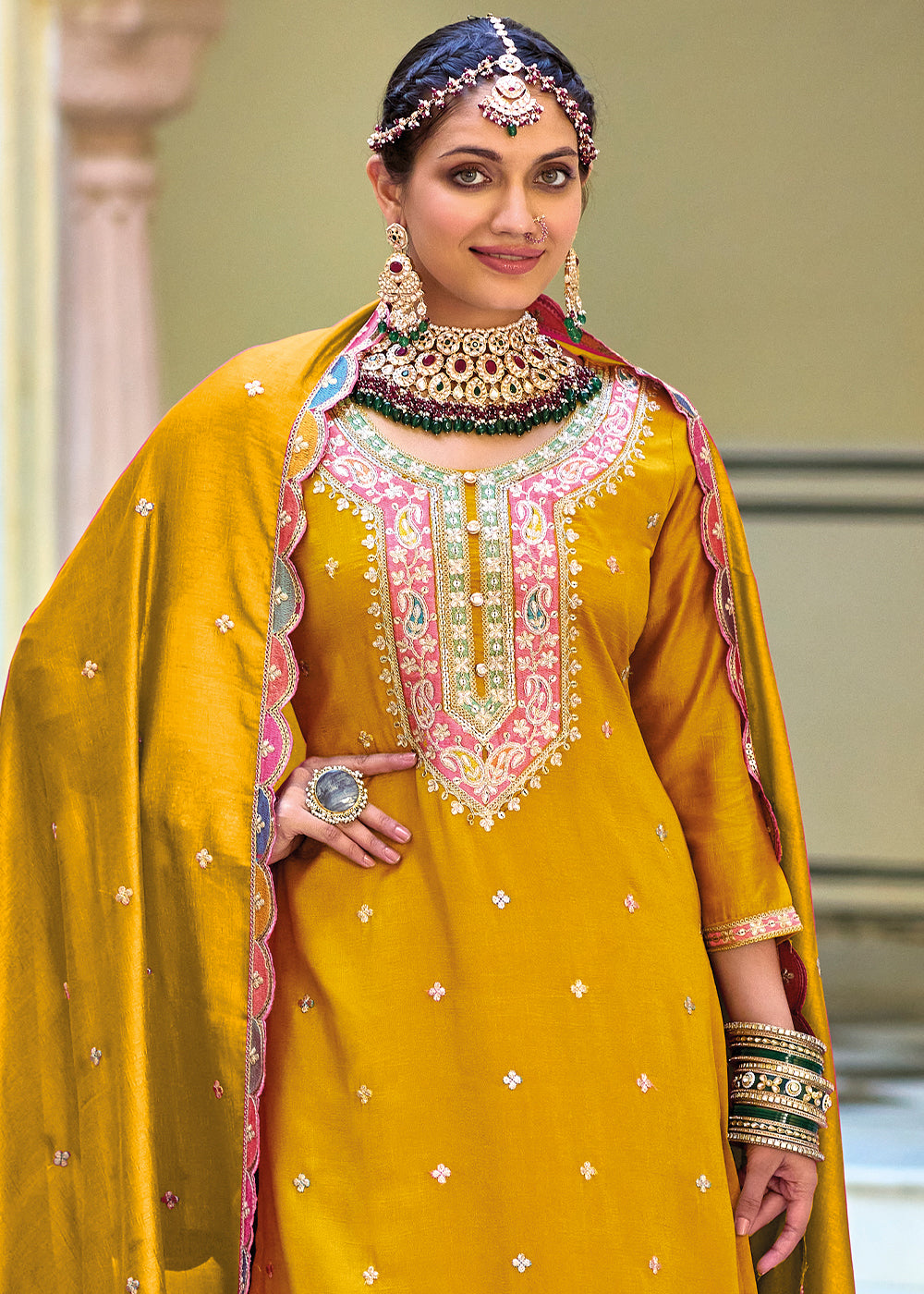 Mustard Yellow Chinnon Silk Plazzo Suit with Heavy Embroidery work - qivii