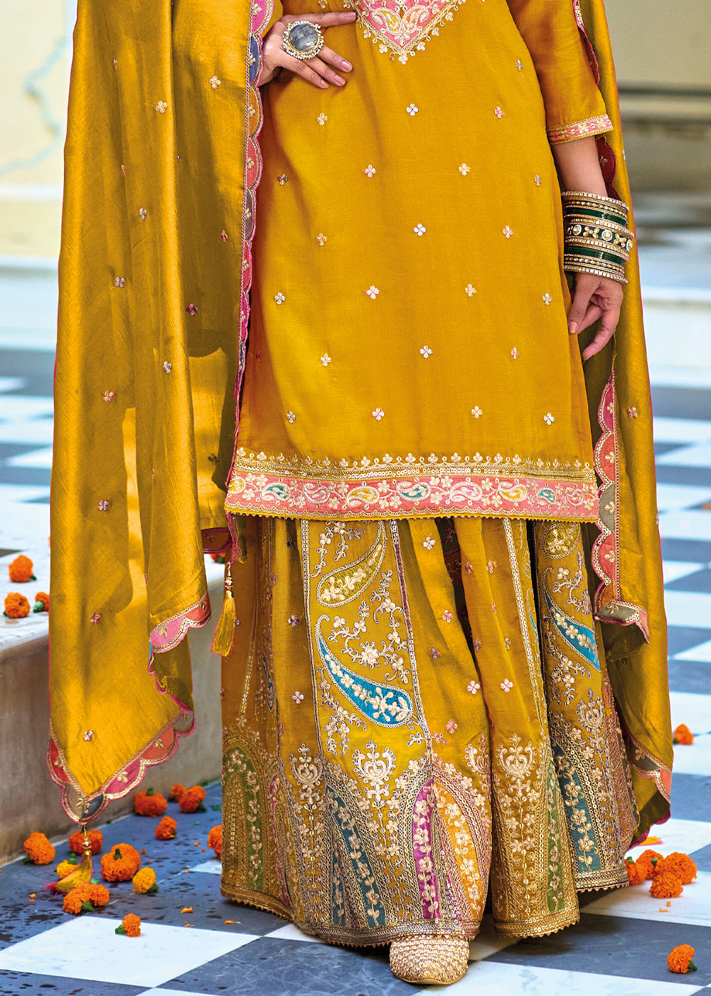 Mustard Yellow Chinnon Silk Plazzo Suit with Heavy Embroidery work - qivii