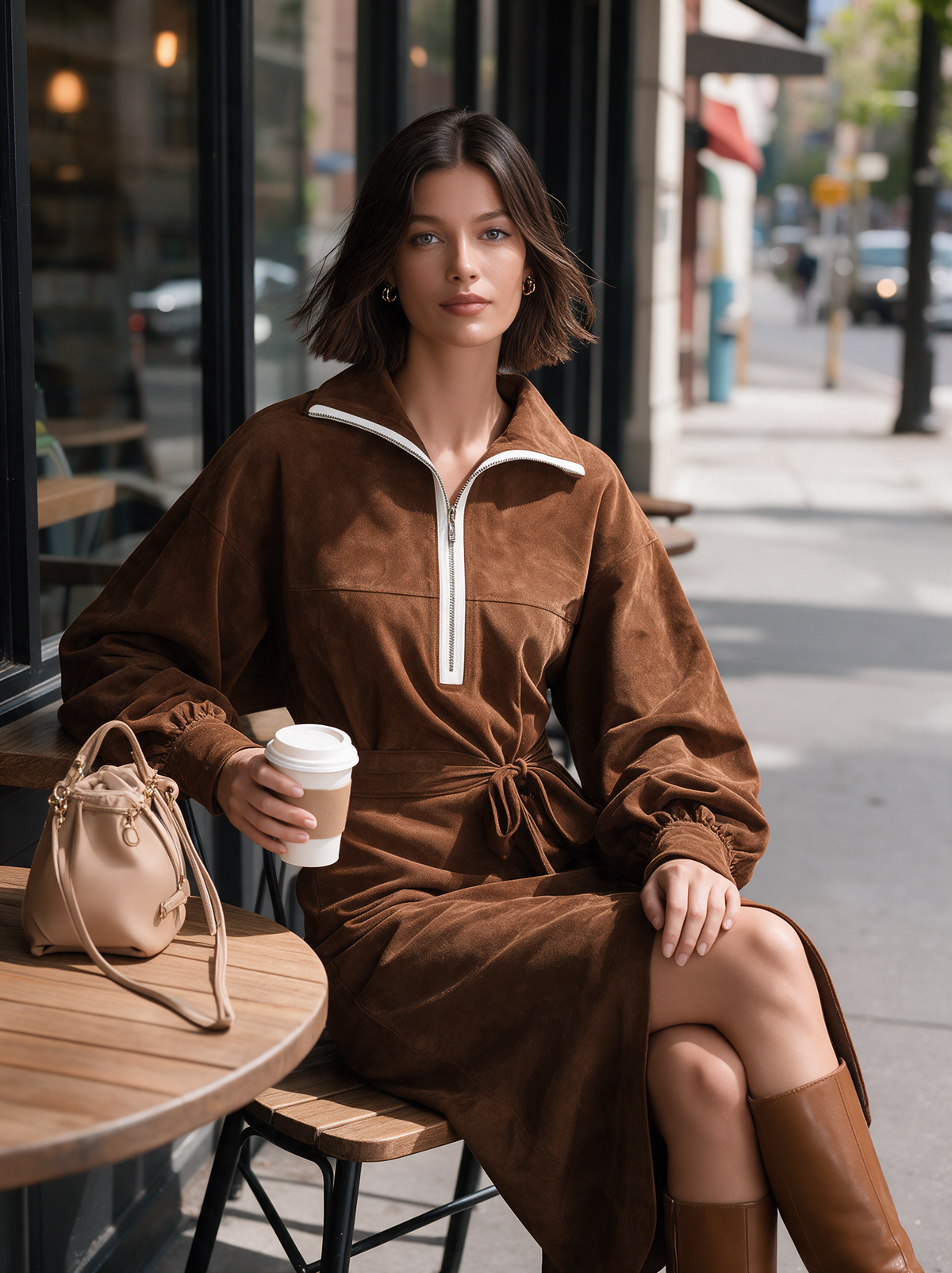 Women's Casual Brown Suede Long-Sleeve Midi Dress MDZ2729H7LXY