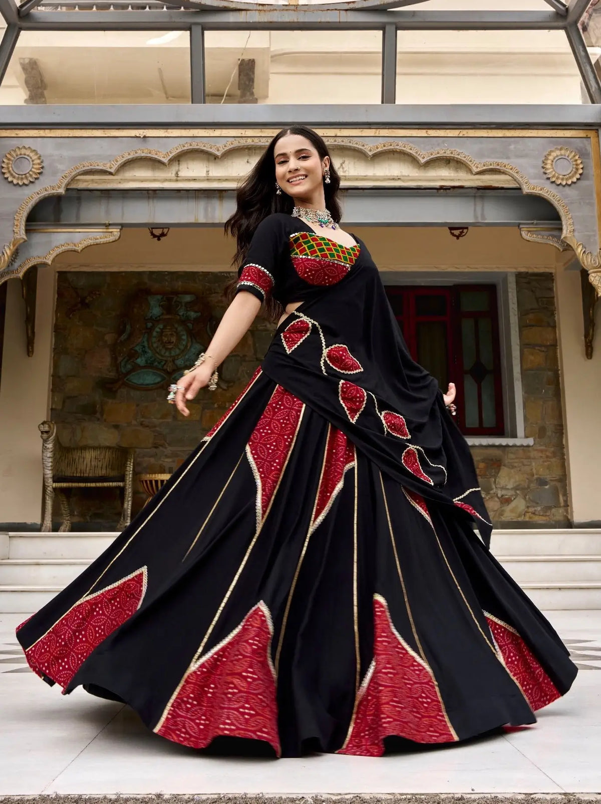 6 Meter Flair | Black Garba Chaniya Choli With Ajrakh Patch Work