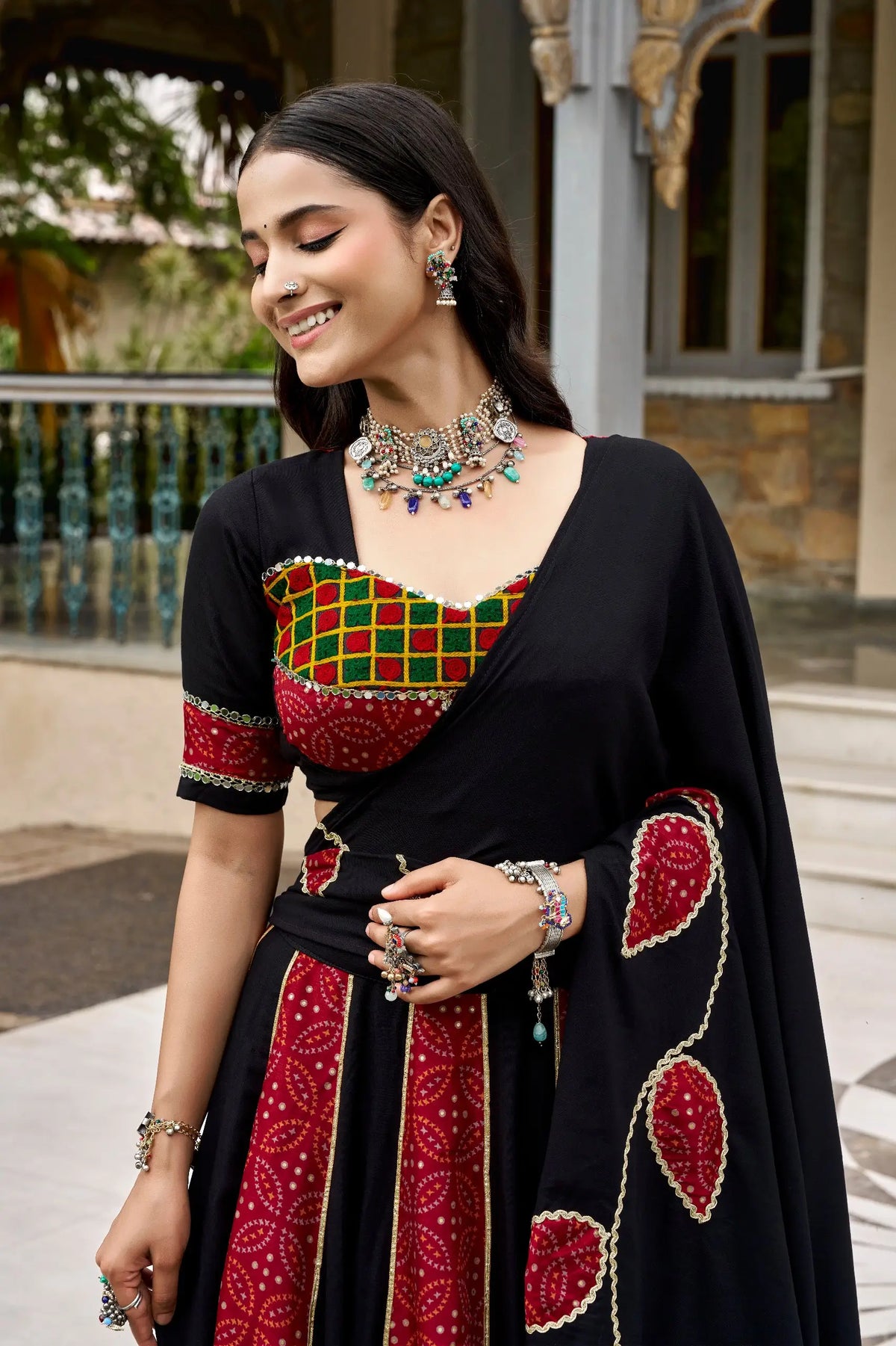 6 Meter Flair | Black Garba Chaniya Choli With Ajrakh Patch Work