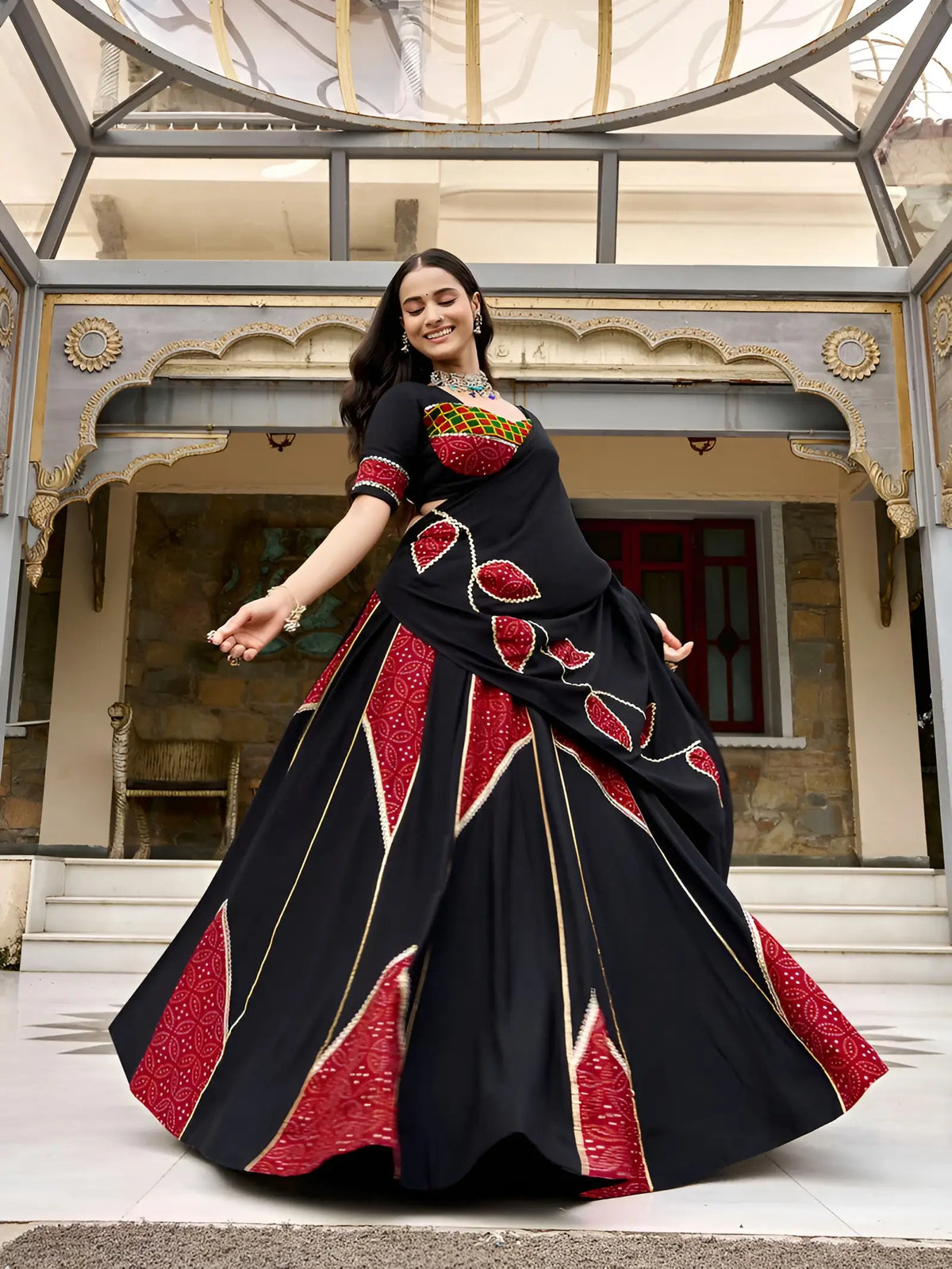 6 Meter Flair | Black Garba Chaniya Choli With Ajrakh Patch Work