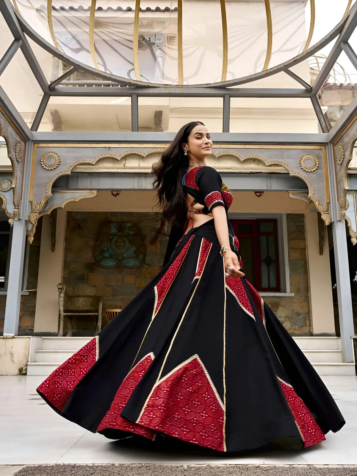 6 Meter Flair | Black Garba Chaniya Choli With Ajrakh Patch Work