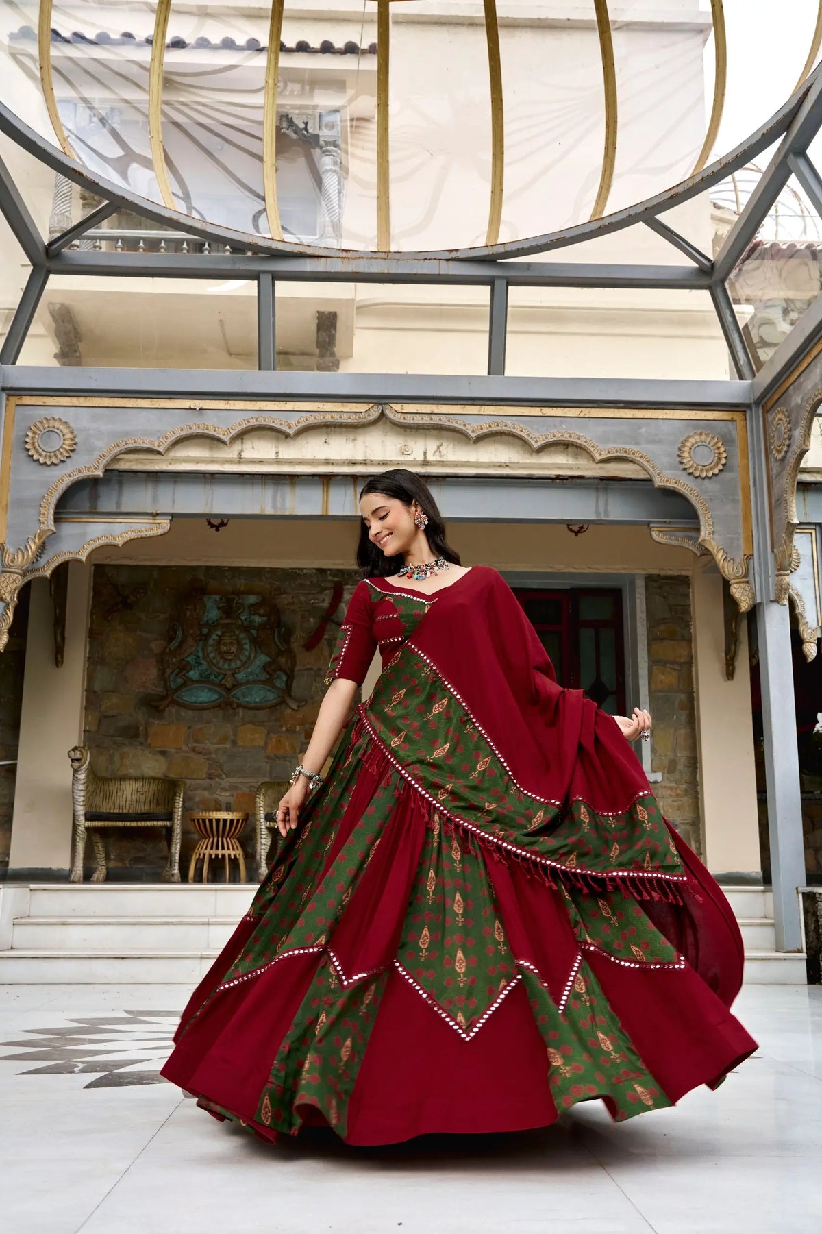 6 Meter Flair | Maroon Garba Chaniya Choli With Ajrakh Patch Work