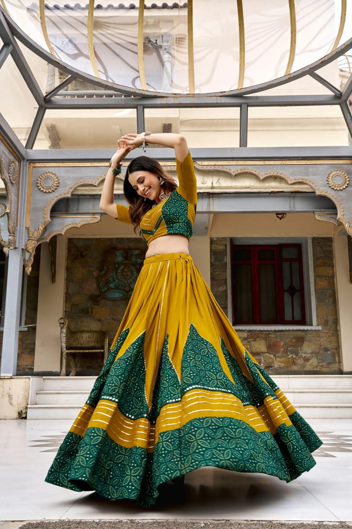 6 Meter Flair | Mustard Garba Chaniya Choli With Ajrakh Patch Work